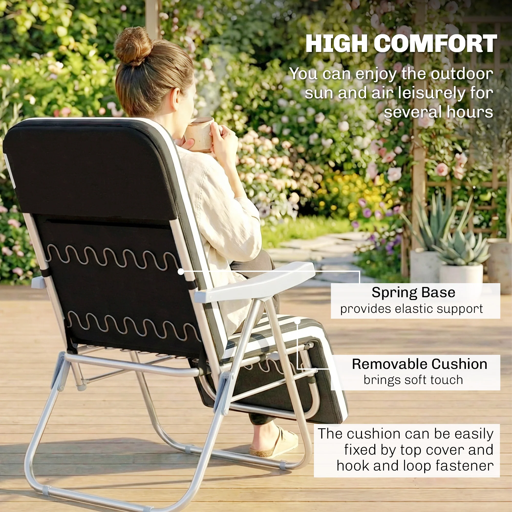 Outsunny Set of 2 Adjustable Sun Lounger Recliner Reclining Seat Grey Stripe - Image 5
