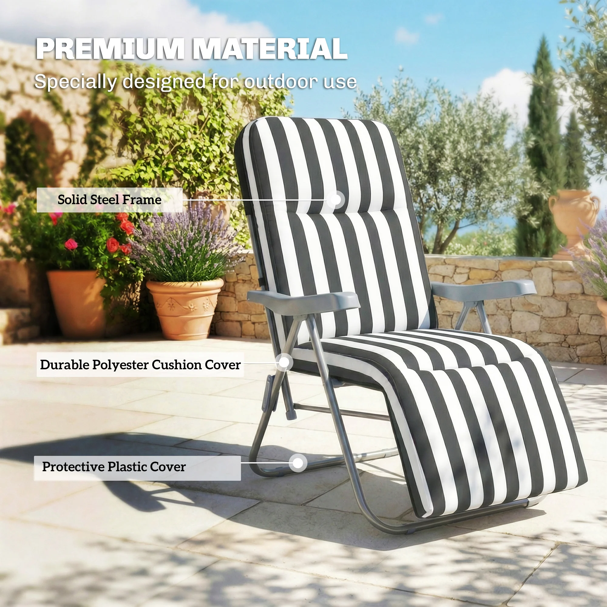 Outsunny Set of 2 Adjustable Sun Lounger Recliner Reclining Seat Grey Stripe - Image 7