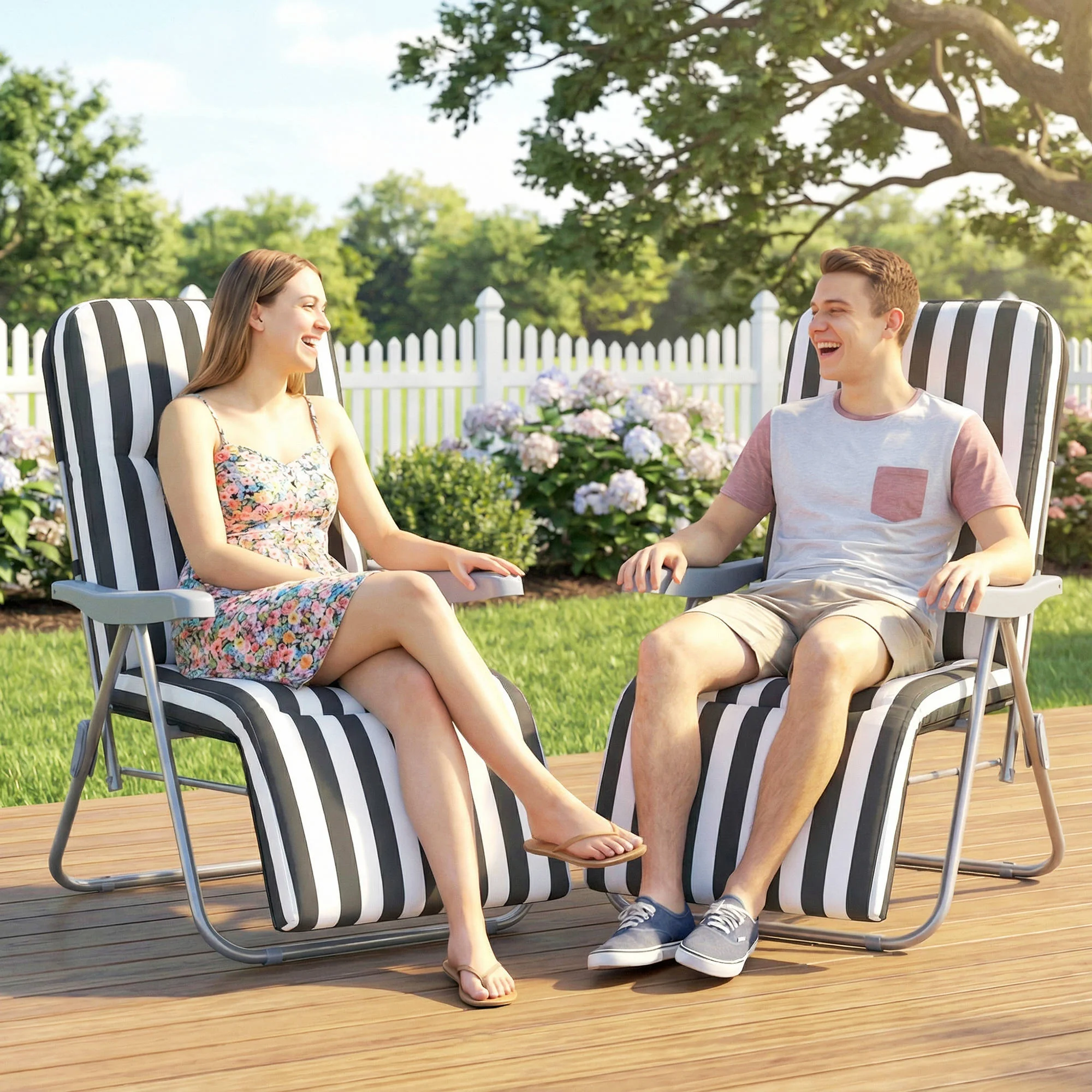 Outsunny Set of 2 Adjustable Sun Lounger Recliner Reclining Seat Grey Stripe - Image 8