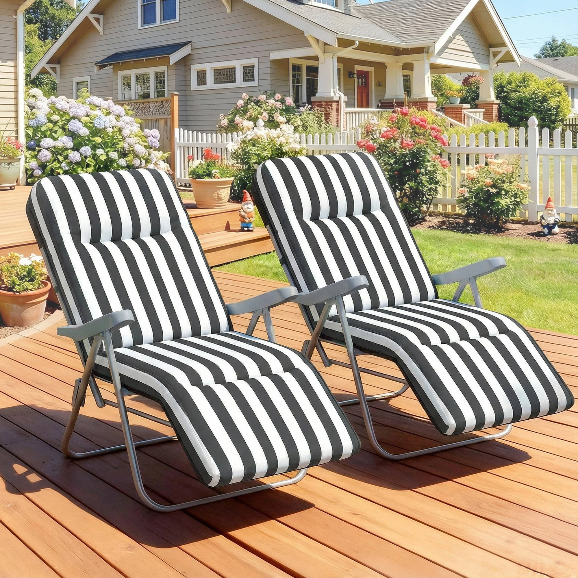 Outsunny Set of 2 Adjustable Sun Lounger Recliner Reclining Seat Grey Stripe - Image 9