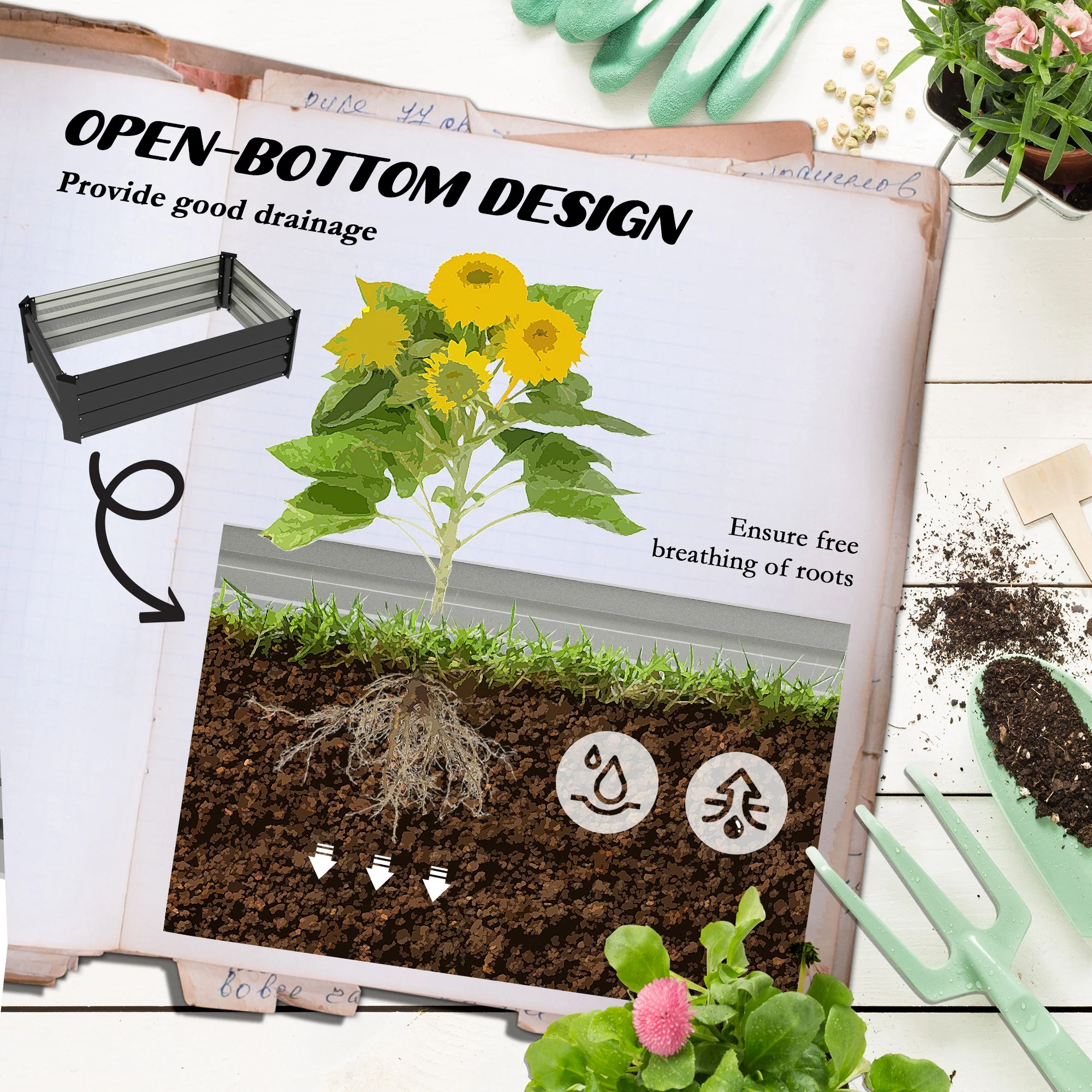 Outsunny Set of 2 Galvanised Raised Garden Bed, Grey - Image 4