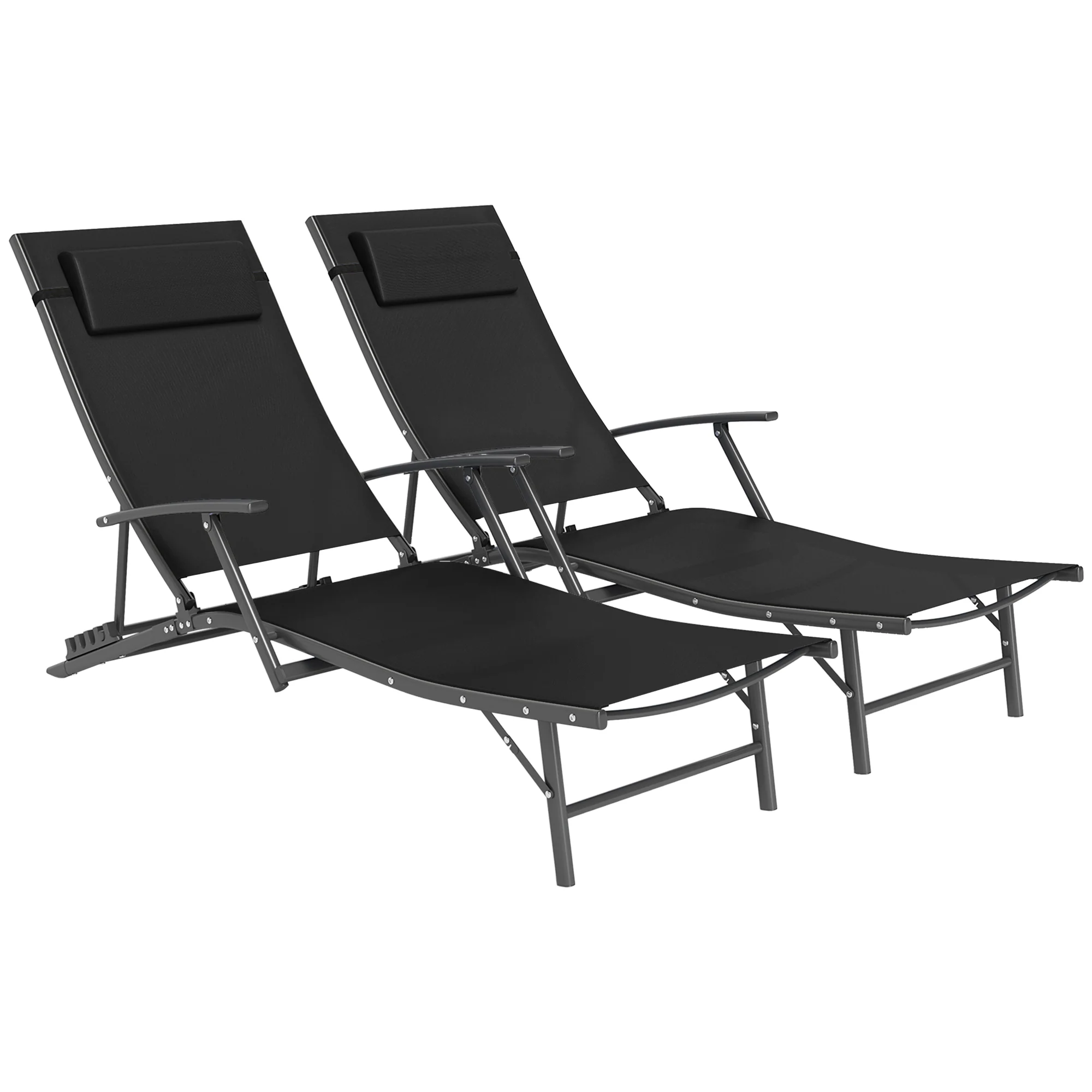 Outsunny Set Of 2 Garden Sun Loungers, Folding Chaise Lounge Chairs, Grey