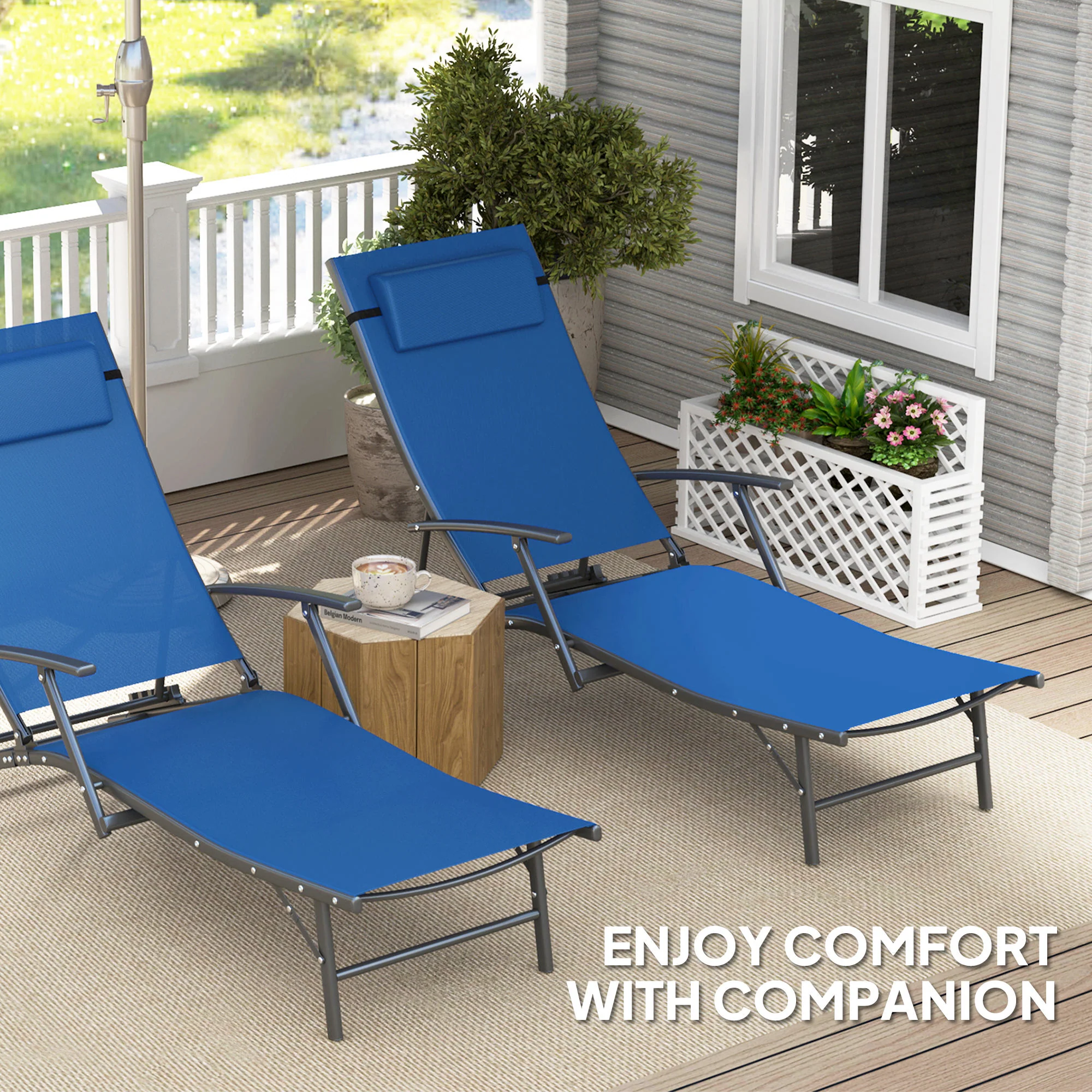 Outsunny Set Of 2 Garden Sun Loungers, Folding Chaise Lounge Chairs, Grey - Image 15
