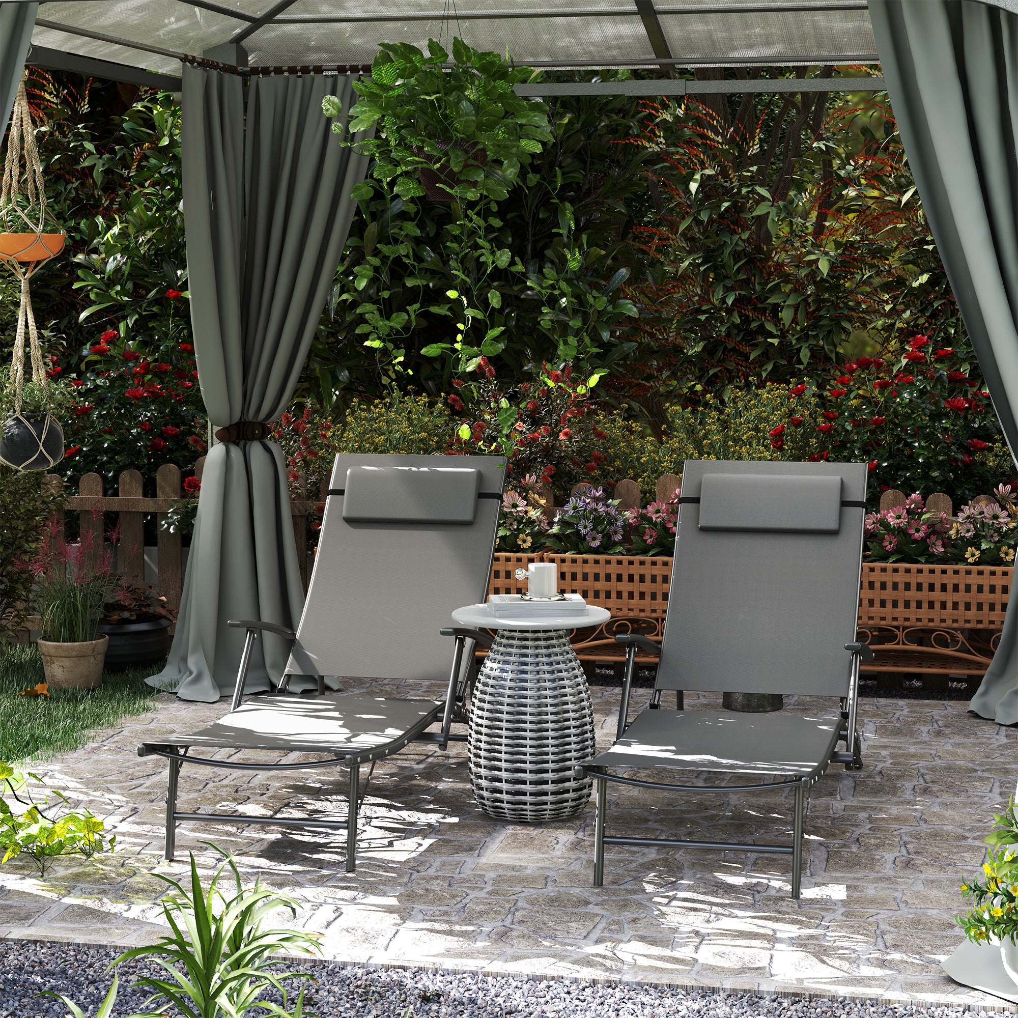 Outsunny Set Of 2 Garden Sun Loungers, Folding Chaise Lounge Chairs, Grey - Image 20