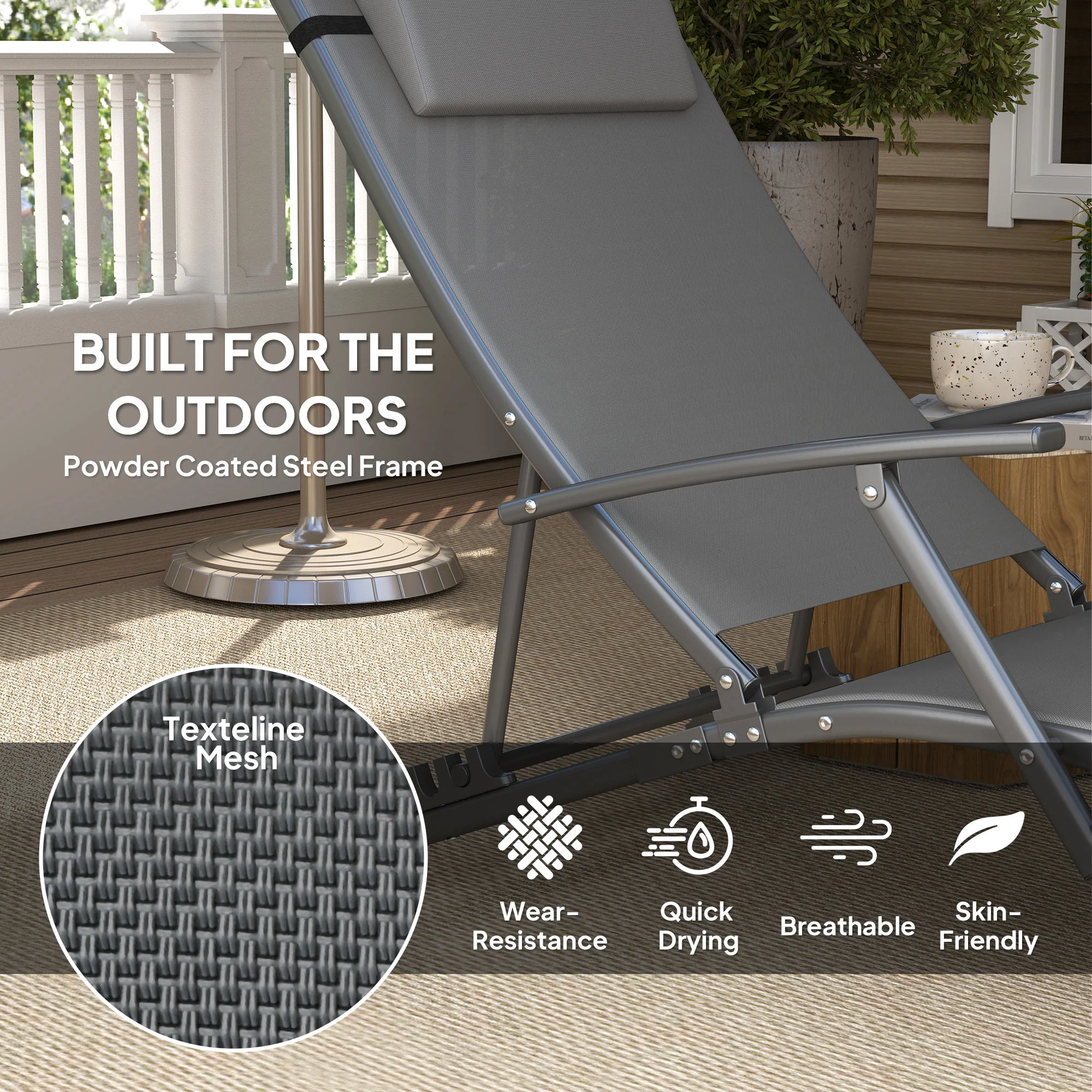 Outsunny Set Of 2 Garden Sun Loungers, Folding Chaise Lounge Chairs, Grey - Image 22