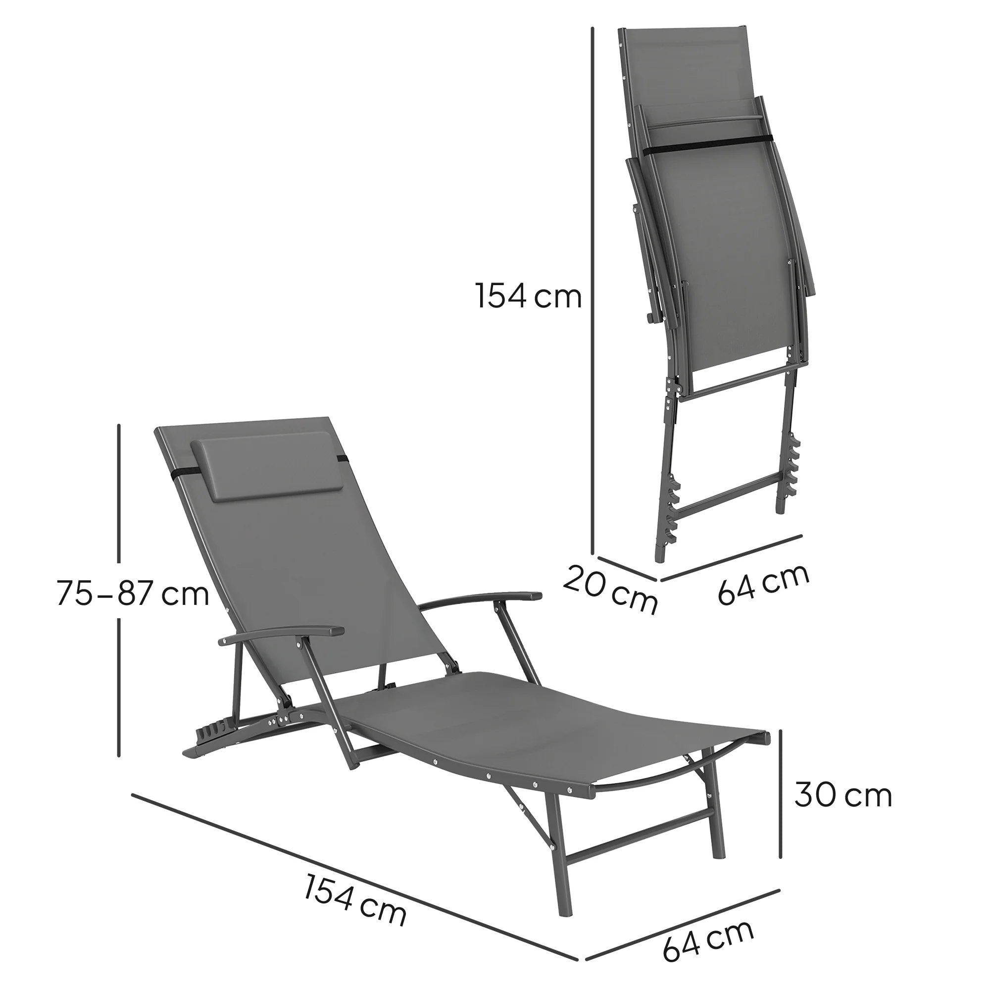 Outsunny Set Of 2 Garden Sun Loungers, Folding Chaise Lounge Chairs, Grey - Image 23
