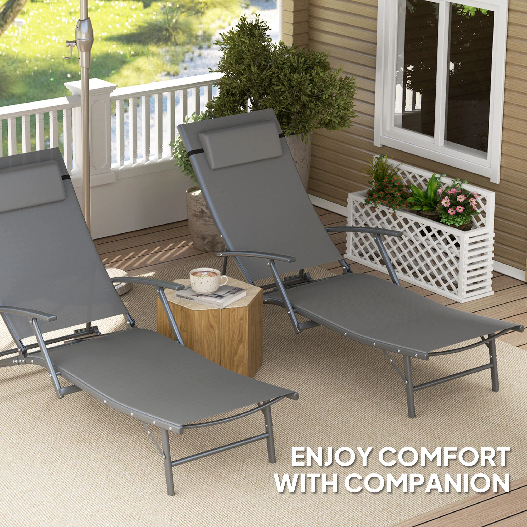 Outsunny Set Of 2 Garden Sun Loungers, Folding Chaise Lounge Chairs, Grey - Image 24