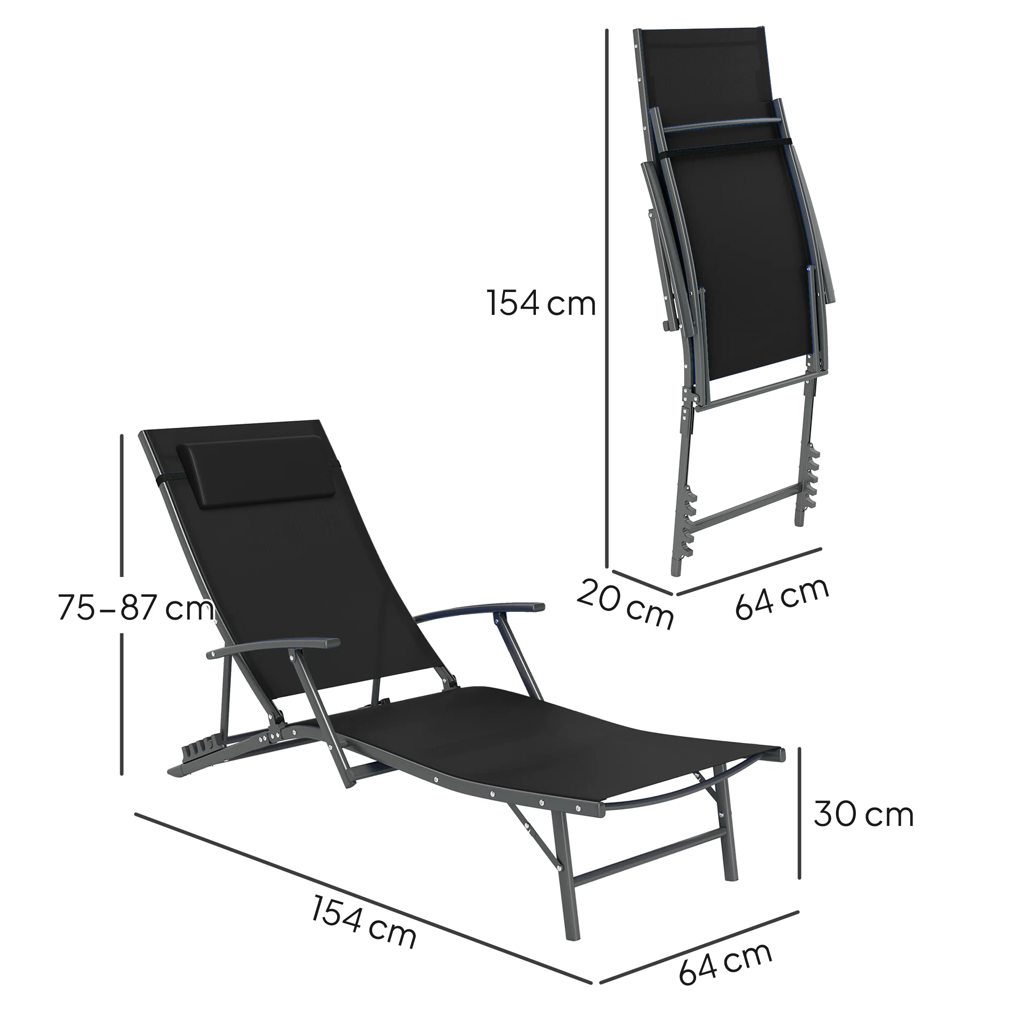 Outsunny Set Of 2 Garden Sun Loungers, Folding Chaise Lounge Chairs, Grey - Image 5