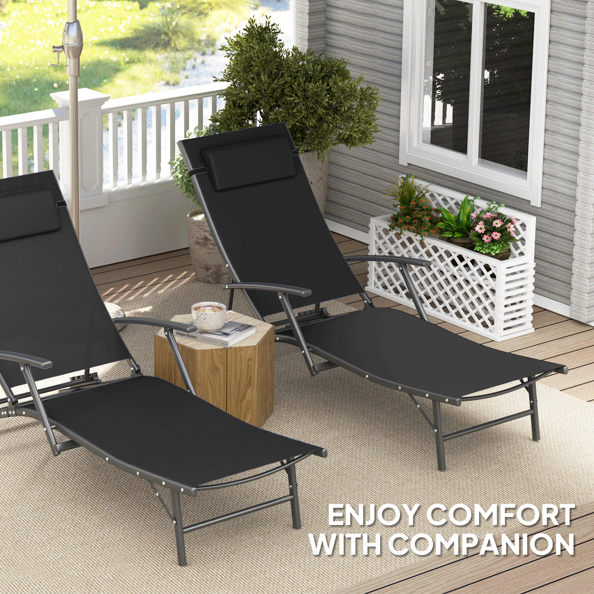 Outsunny Set Of 2 Garden Sun Loungers, Folding Chaise Lounge Chairs, Grey - Image 6