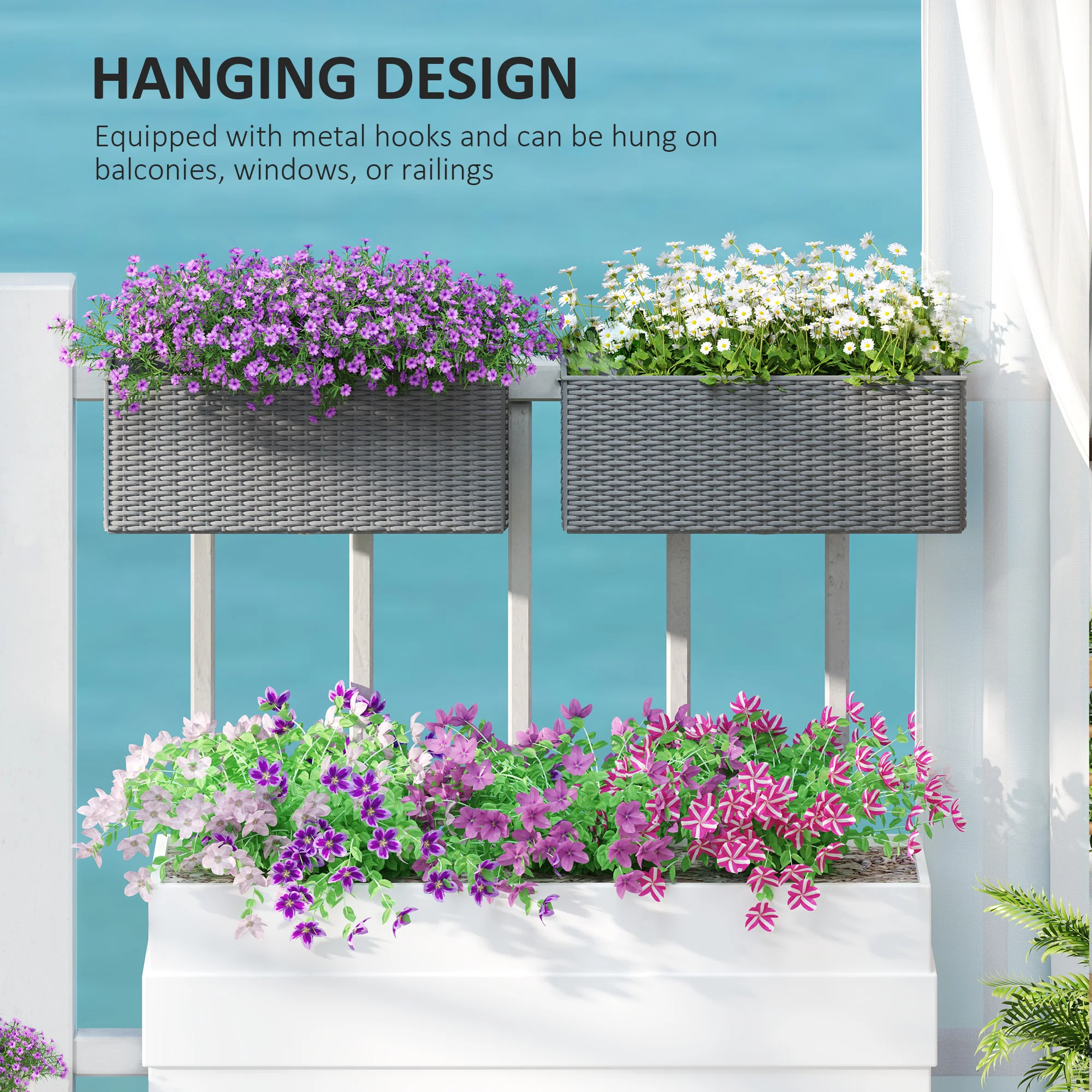 Outsunny Set Of 2 Hanging Flower Boxes, 50 Cm Long, Rattan Look - Image 16