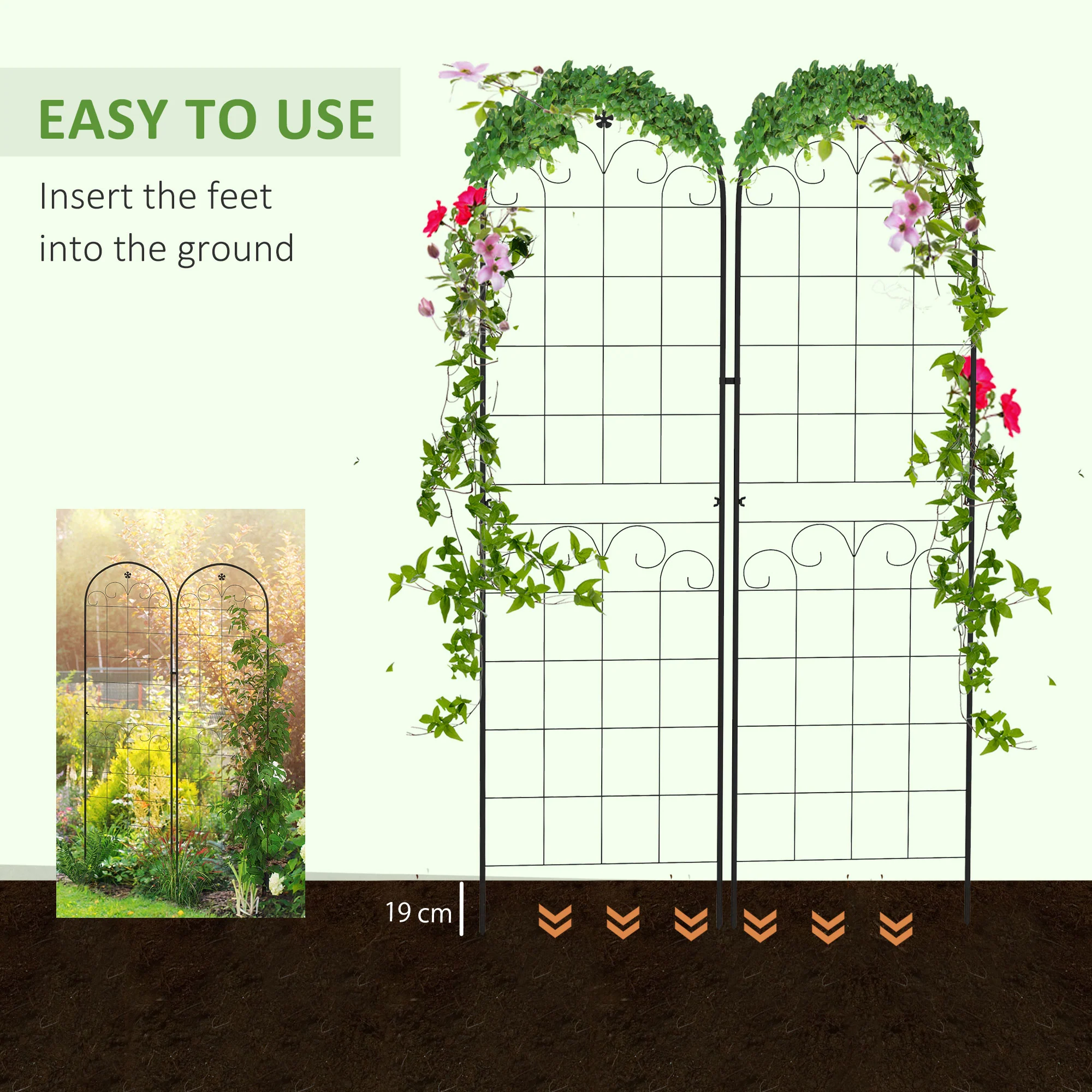 Outsunny Set of 2 Metal Trellis for Climbing Plants, Floral Design - Image 4
