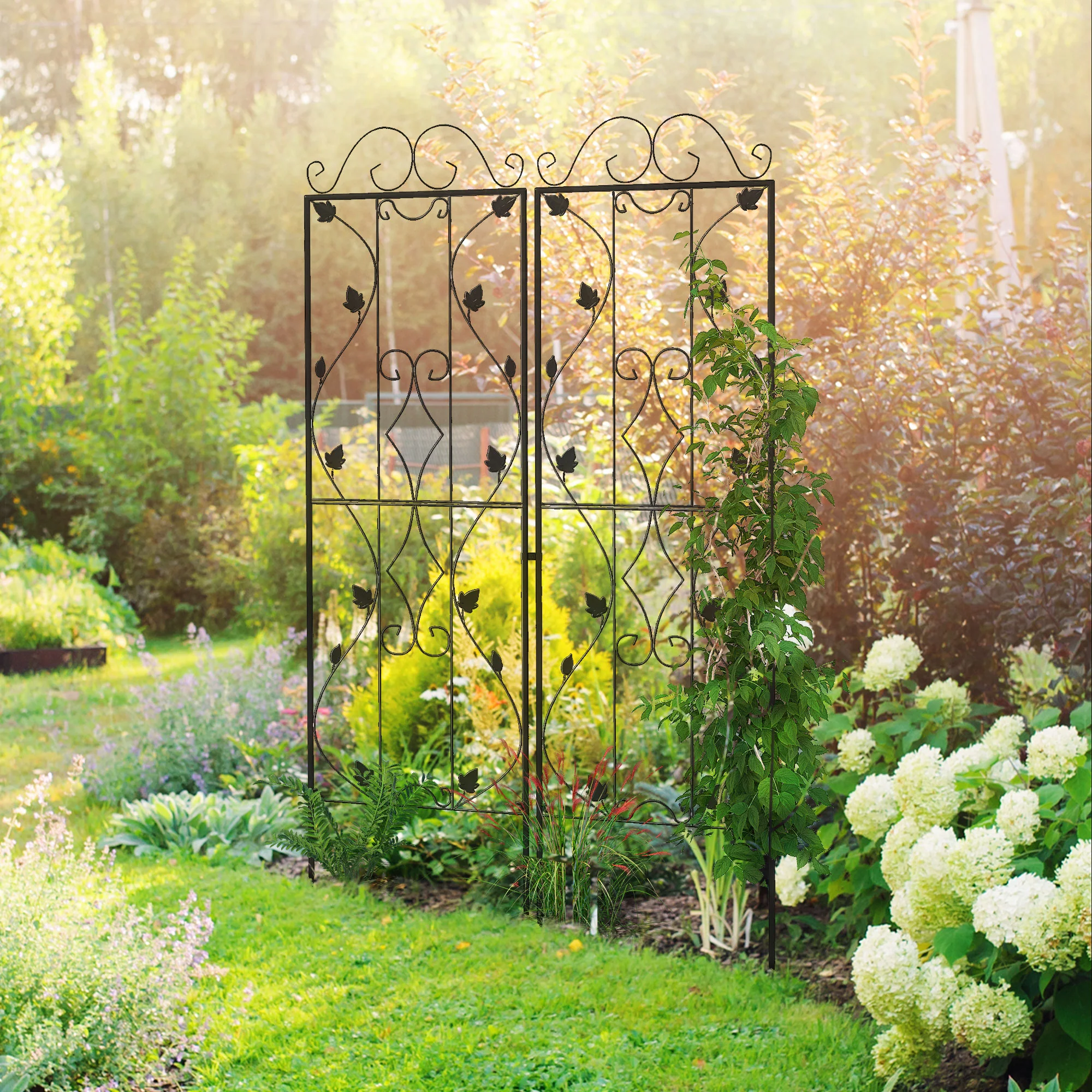 Outsunny Set of 2 Metal Trellis for Climbing Plants, Leaf Design - Image 2
