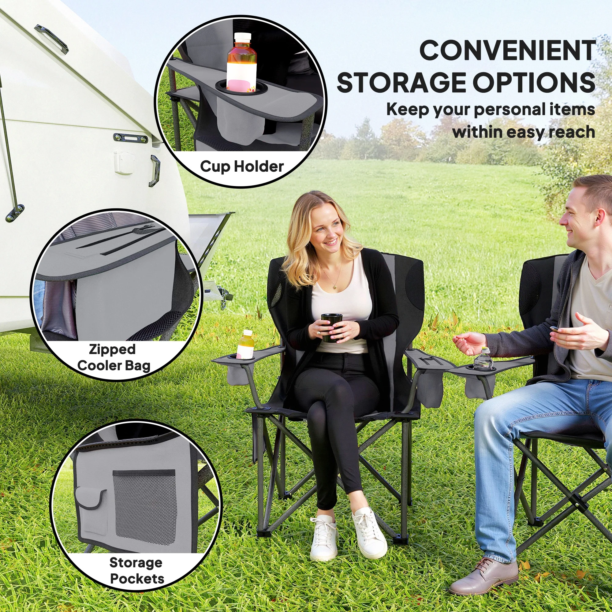 Outsunny Set Of 2 Padded Folding Picnic Chairs With Cooler Bag - Image 15