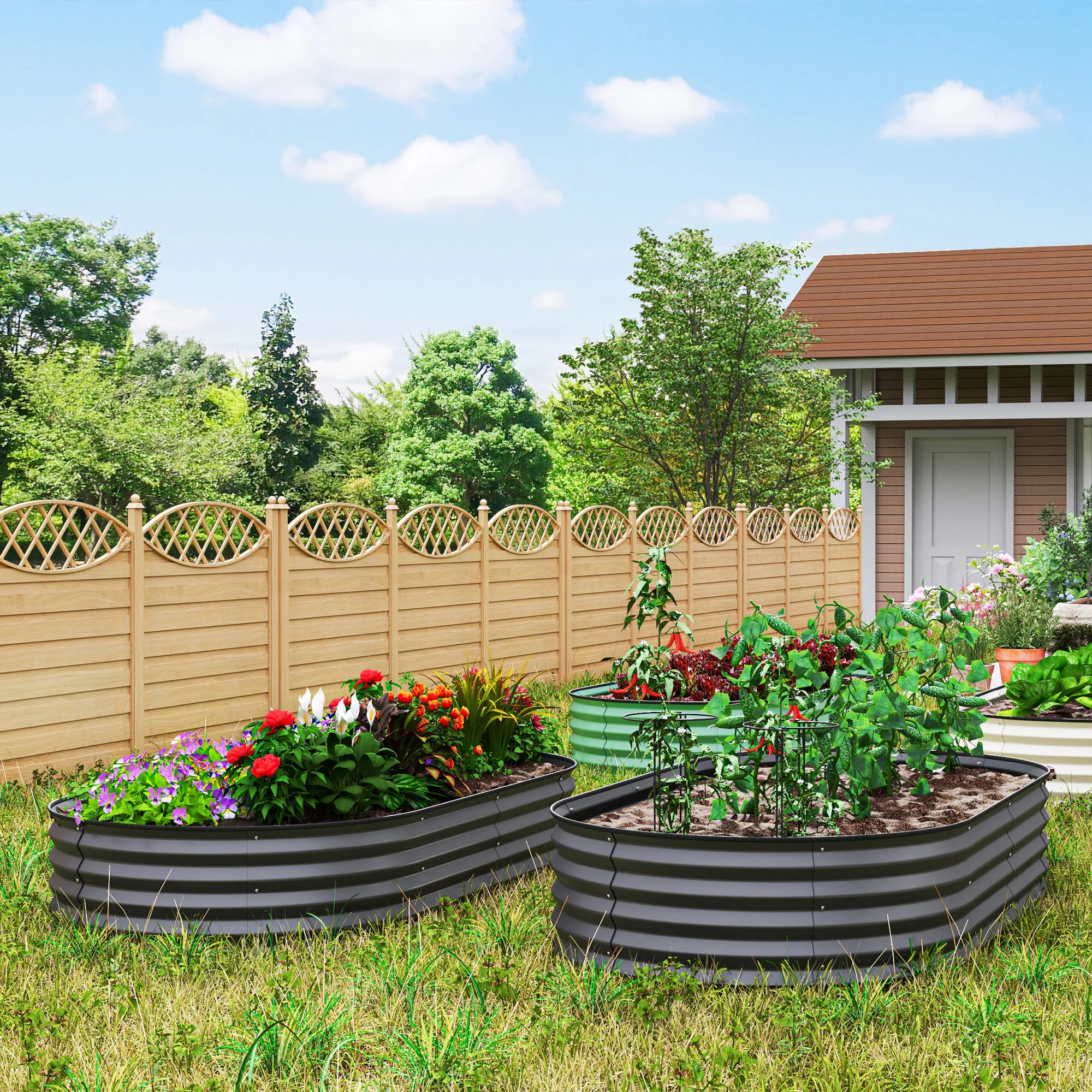 Outsunny Set Of 2 Raised Beds For Garden With Metal Plant Stakes, Dark Grey - Image 2