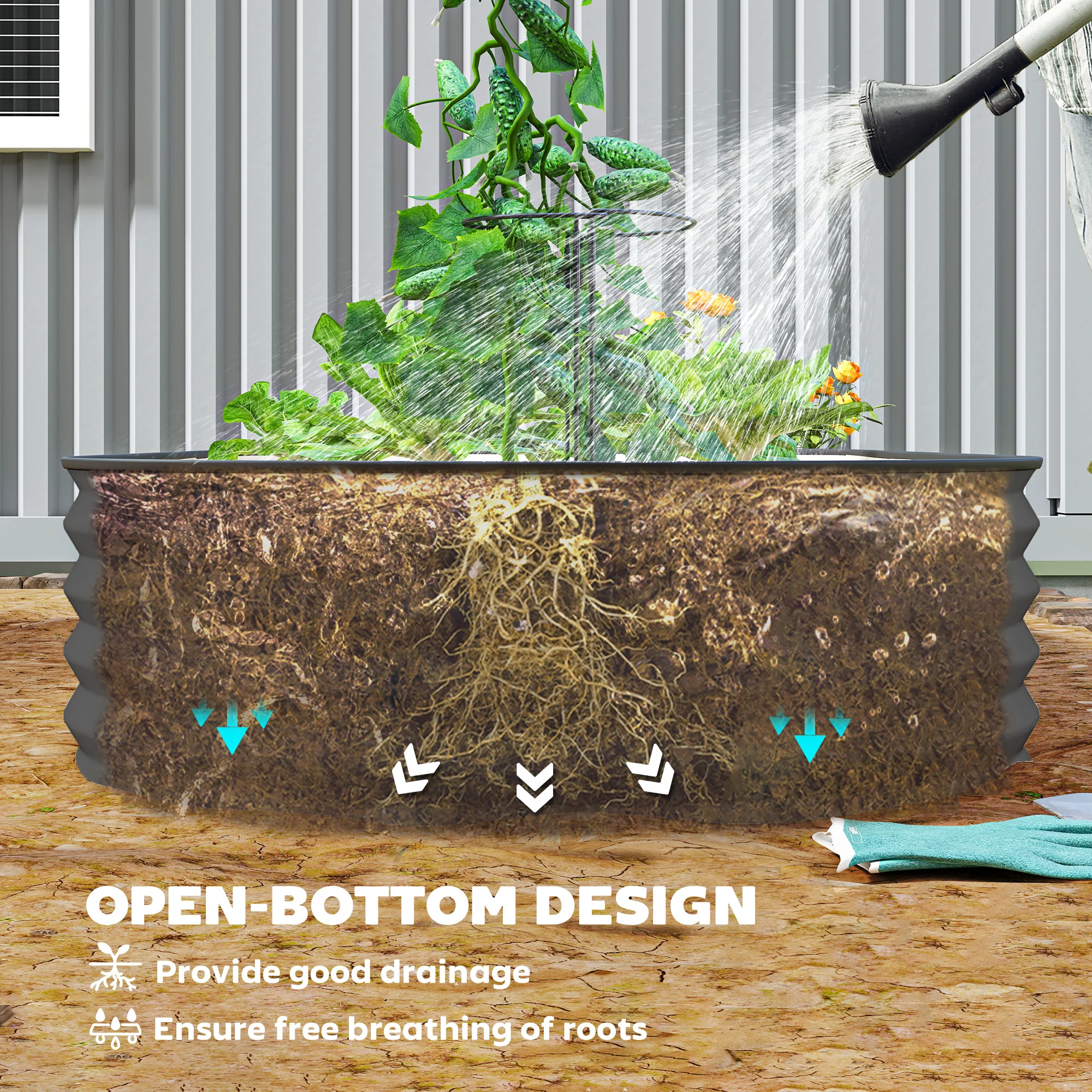 Outsunny Set Of 2 Raised Beds For Garden With Metal Plant Stakes, Dark Grey - Image 7