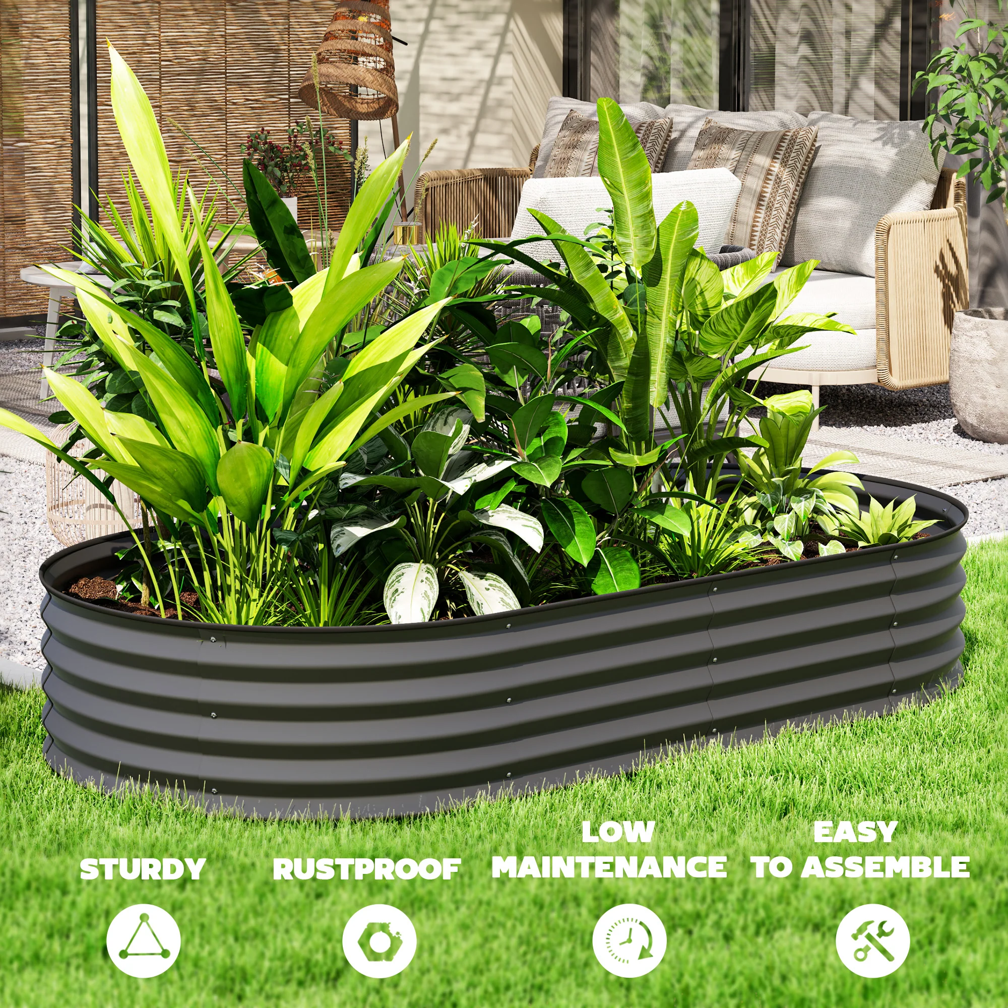 Outsunny Set Of 2 Raised Beds For Garden With Metal Plant Stakes, Dark Grey - Image 8