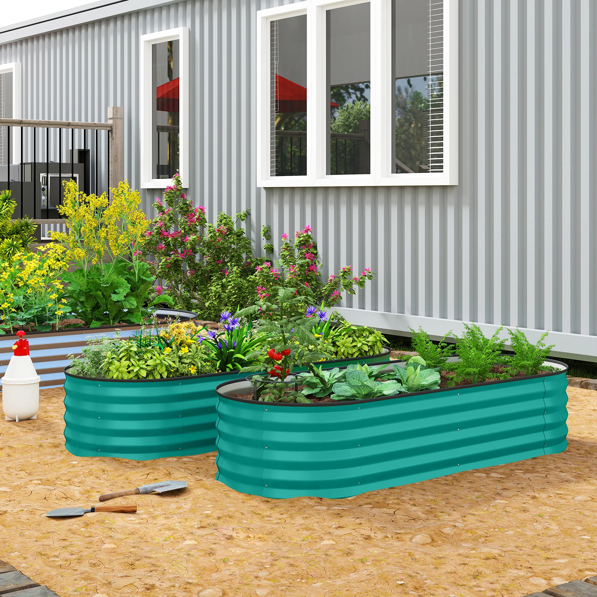 Outsunny Set of 2 Raised Beds for Garden with Metal Plant Stakes, Green - Image 2