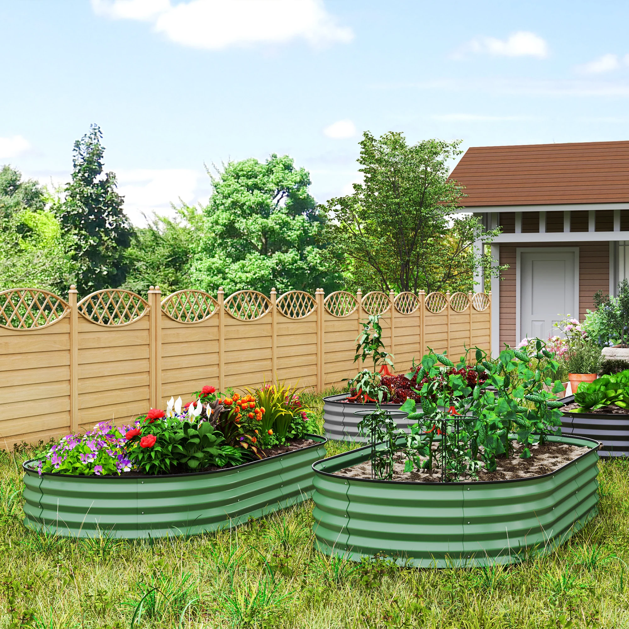 Outsunny Set of 2 Raised Beds for Garden with Metal Plant Stakes, Green - Image 2