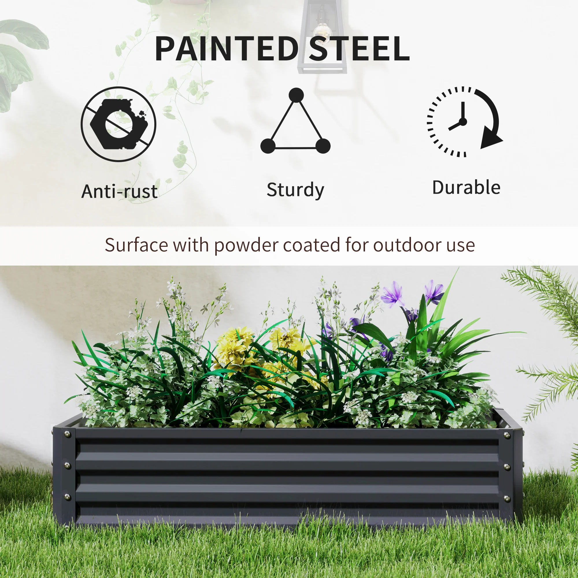 Outsunny Set of 2 Raised Garden Bed Elevated Planter Box for Flowers Grey - Image 4
