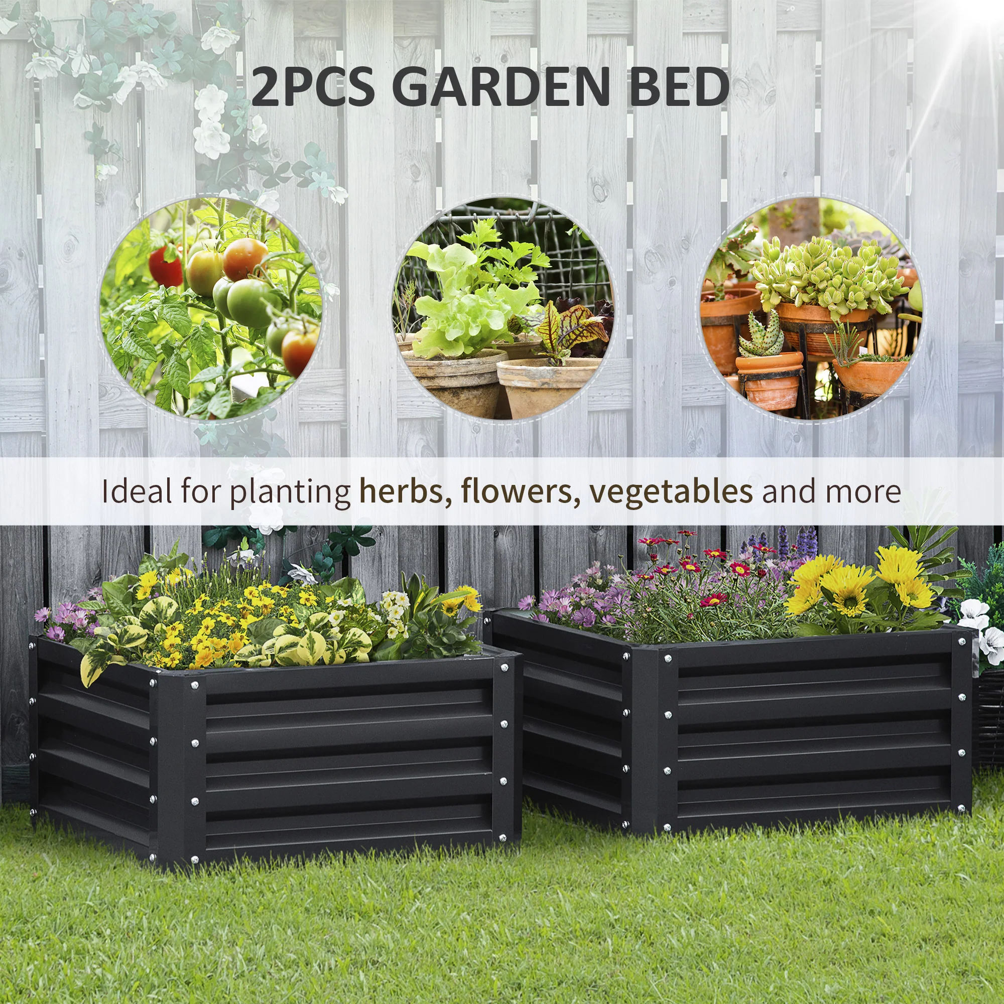 Outsunny Set of 2 Raised Garden Bed Galvanised Planter Box Easy Setup Grey - Image 3