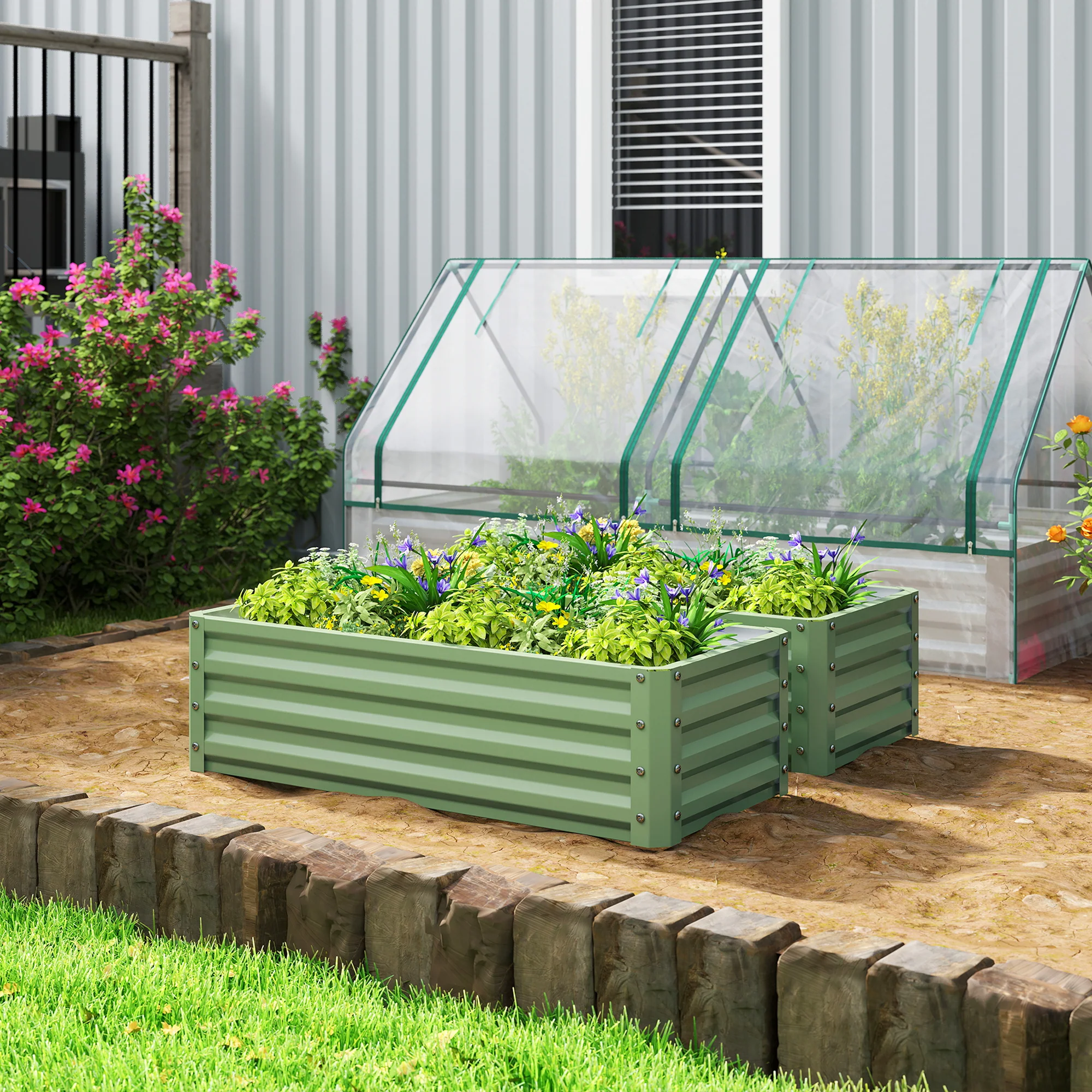 Outsunny Set of 2 Raised Garden Bed Galvanised Planter Box, Light Green - Image 2