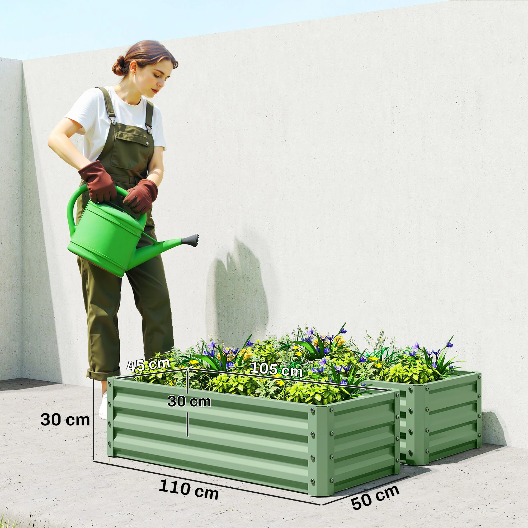 Outsunny Set of 2 Raised Garden Bed Galvanised Planter Box, Light Green - Image 3