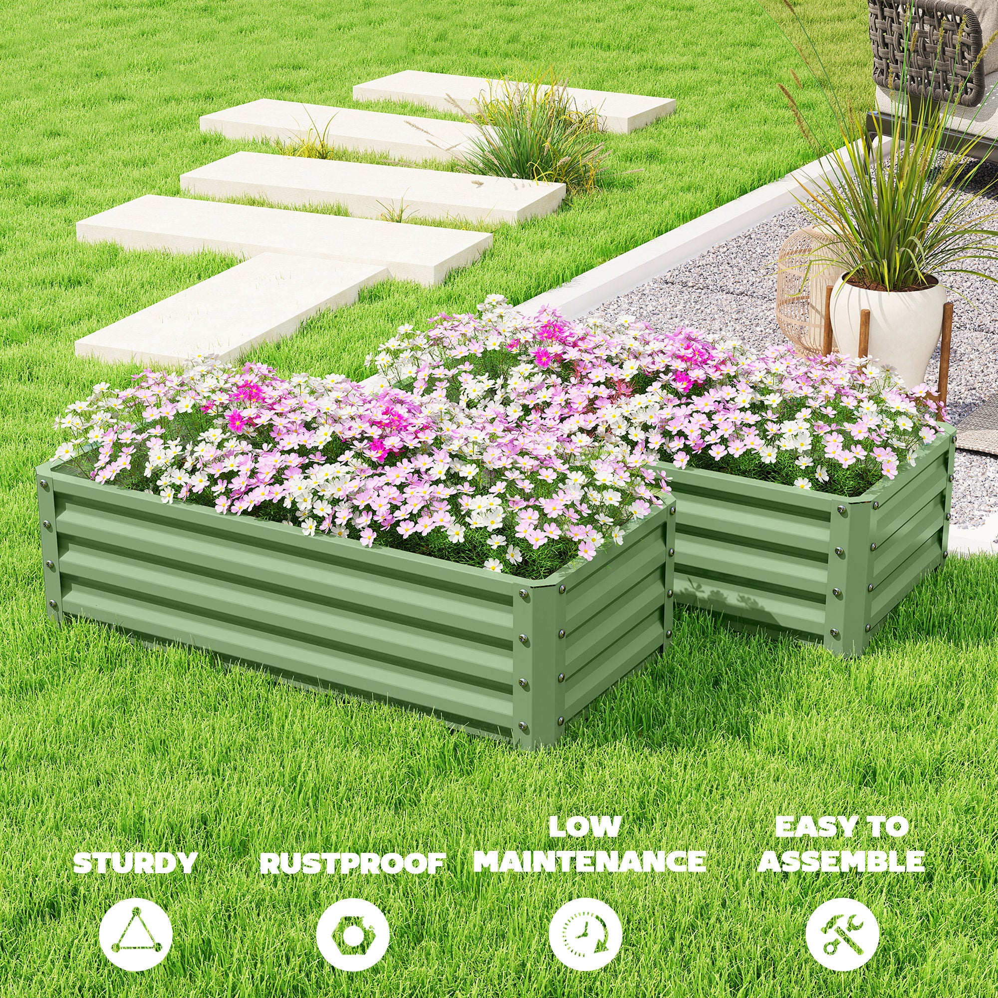 Outsunny Set of 2 Raised Garden Bed Galvanised Planter Box, Light Green - Image 7