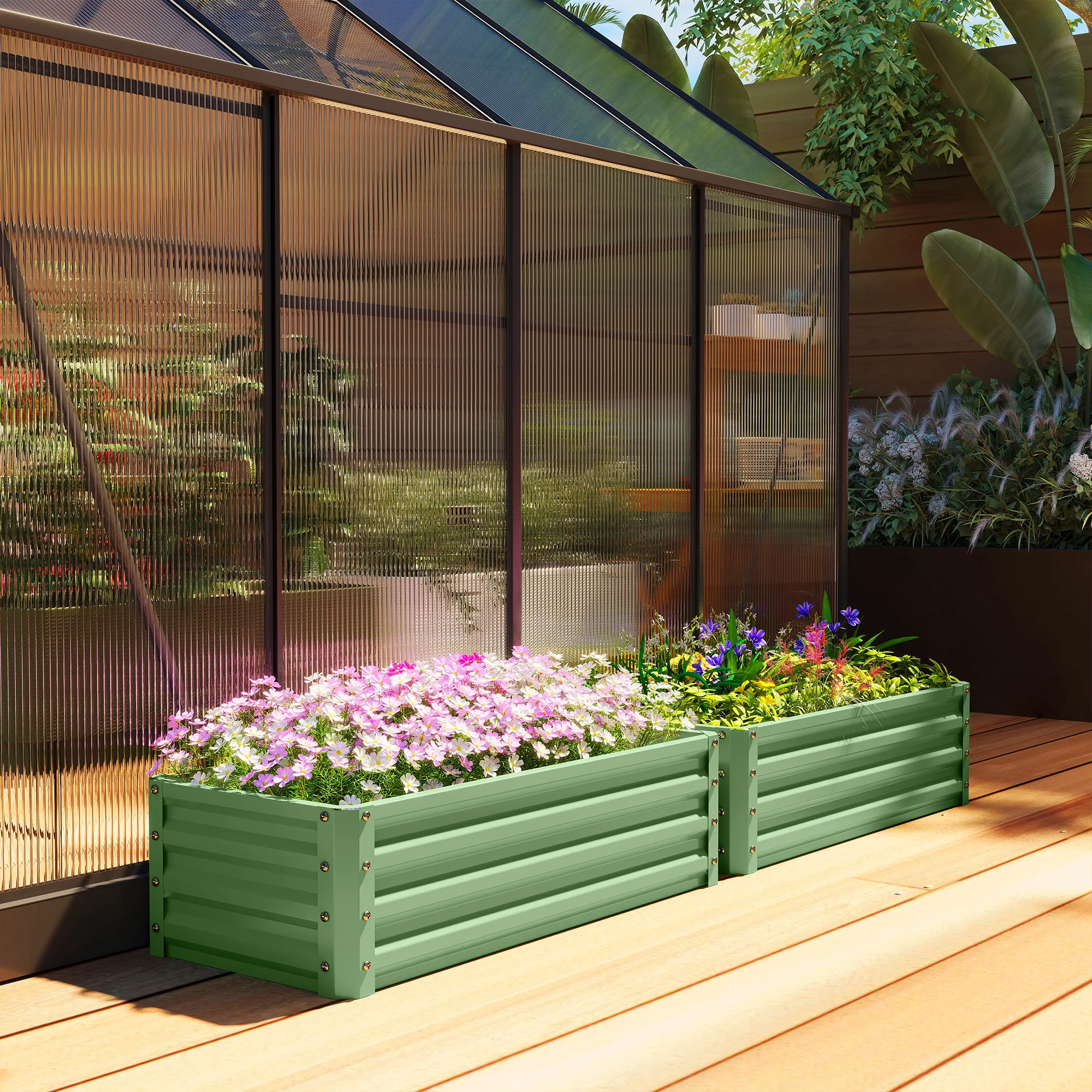 Outsunny Set of 2 Raised Garden Bed Galvanised Planter Box, Light Green - Image 8