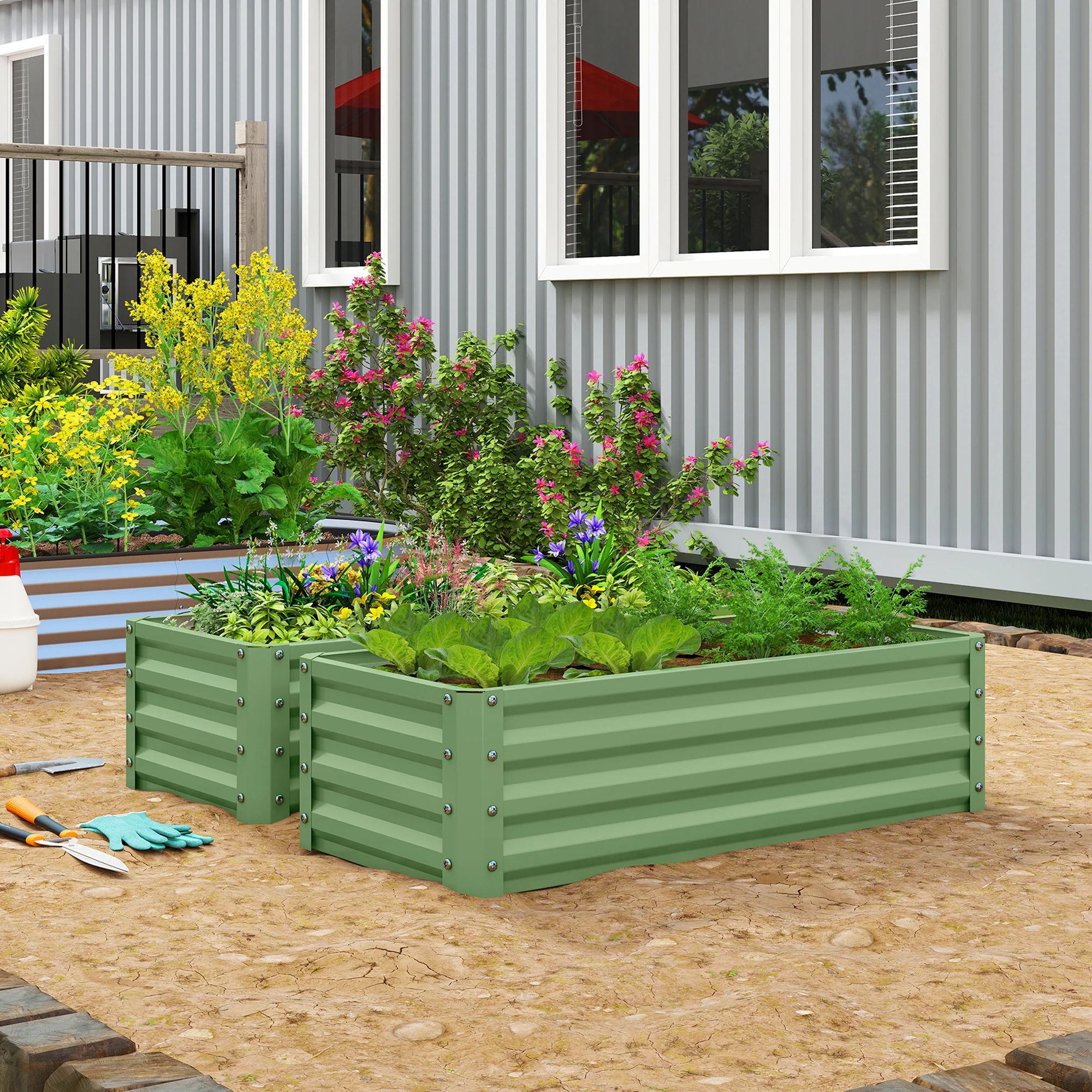 Outsunny Set of 2 Raised Garden Bed Galvanised Planter Box, Light Green - Image 9