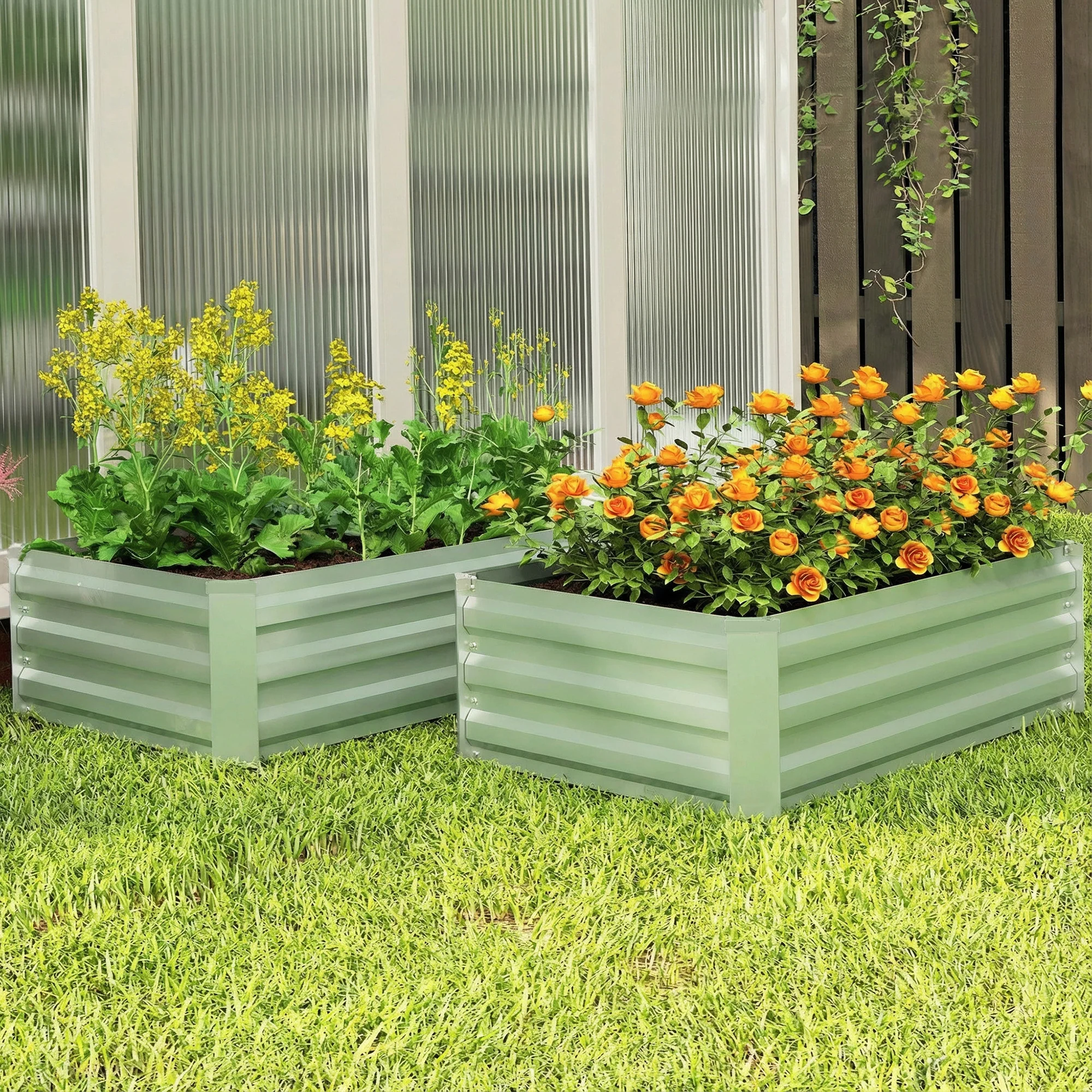Outsunny Set Of 2 Raised Garden Bed Galvanised Planter Box, Light Green - Image 9