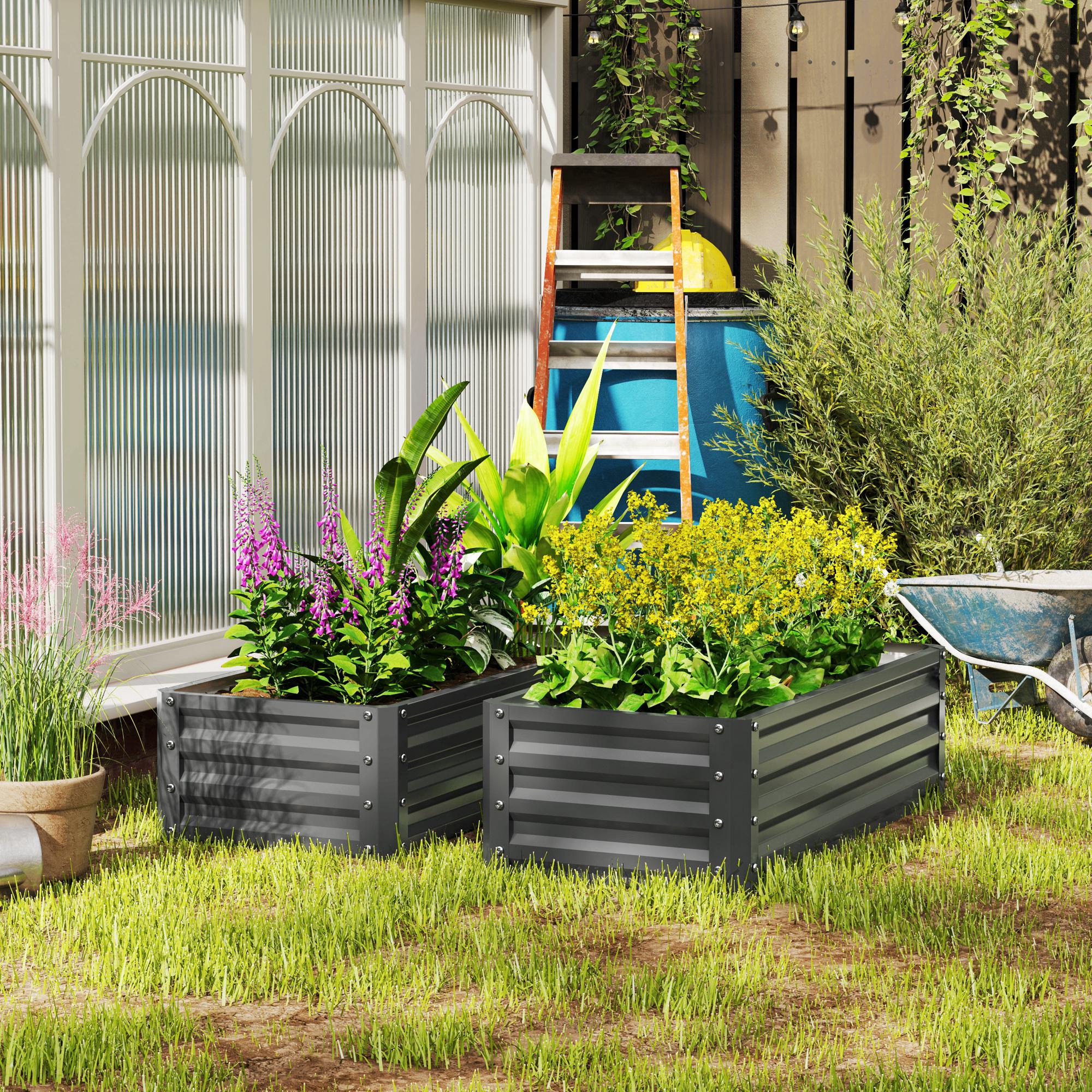 Outsunny Set of 2 Raised Garden Bed Galvanised Planter Box, Light Grey - Image 2
