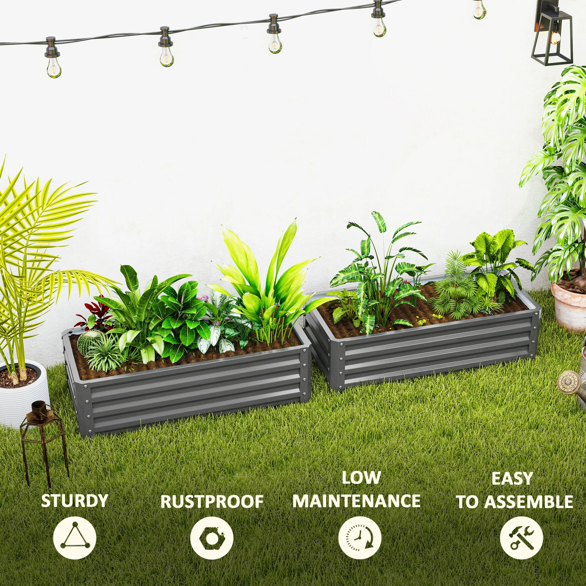 Outsunny Set of 2 Raised Garden Bed Galvanised Planter Box, Light Grey - Image 7