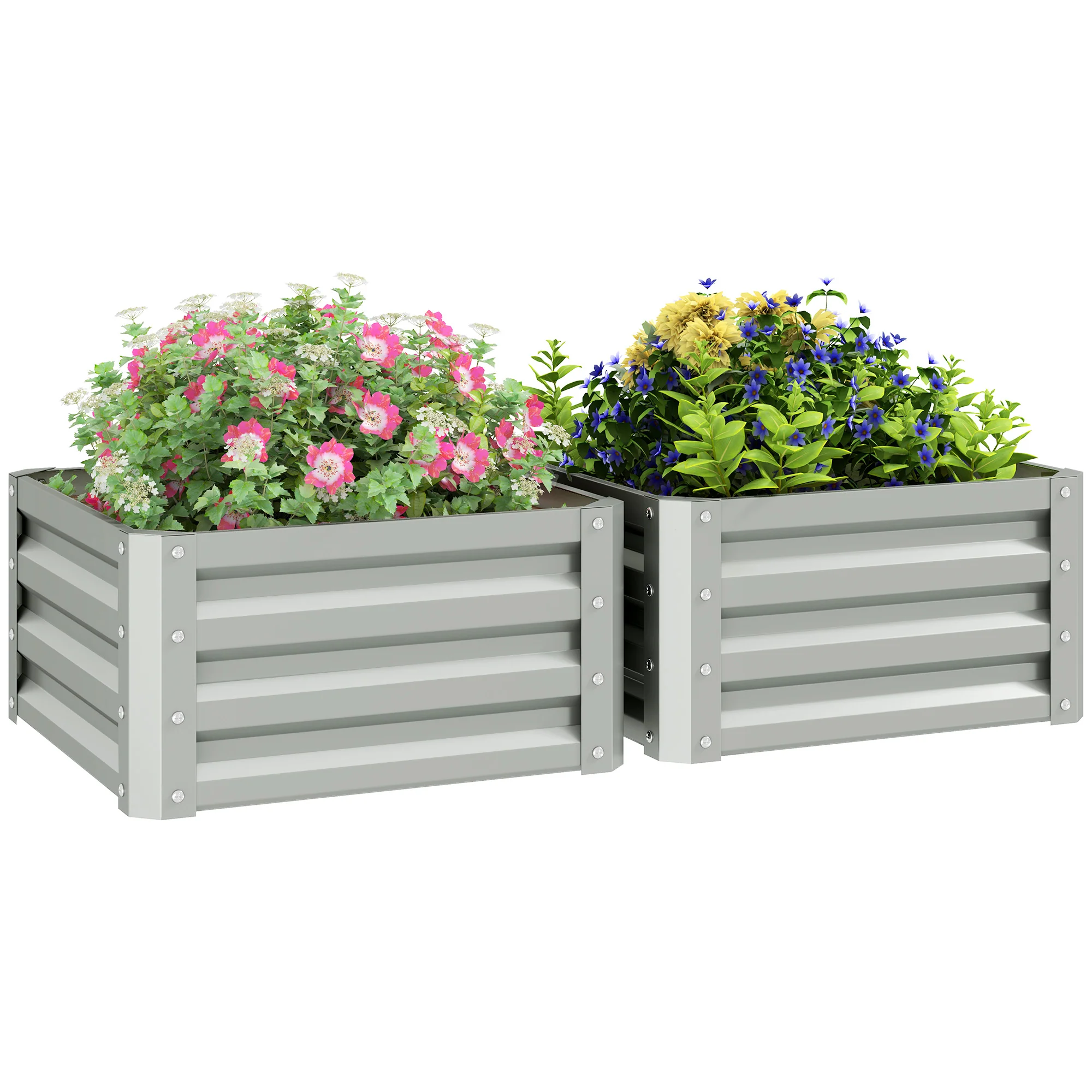 Outsunny Set Of 2 Raised Garden Bed Galvanised Planter Box, Light Grey