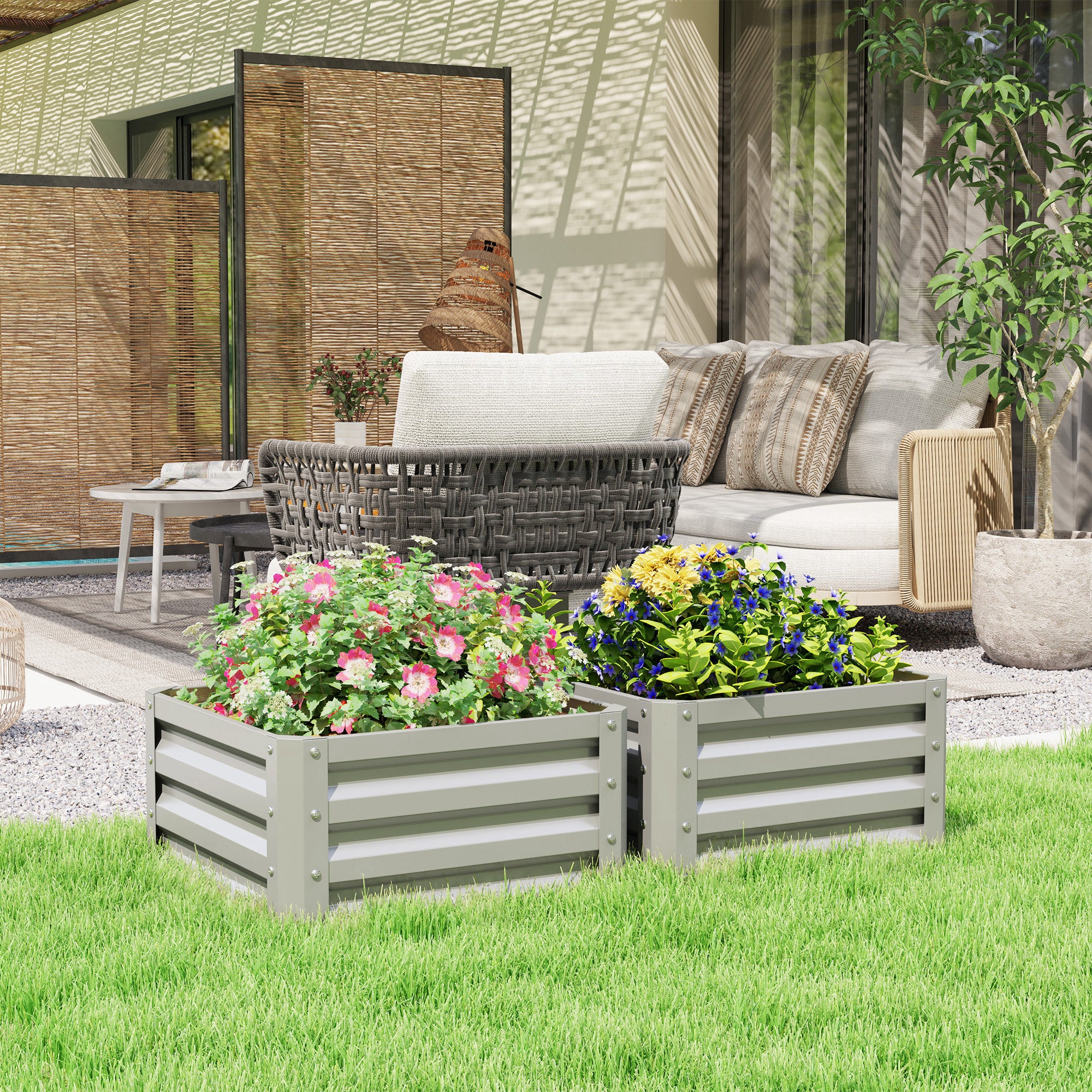 Outsunny Set Of 2 Raised Garden Bed Galvanised Planter Box, Light Grey - Image 2
