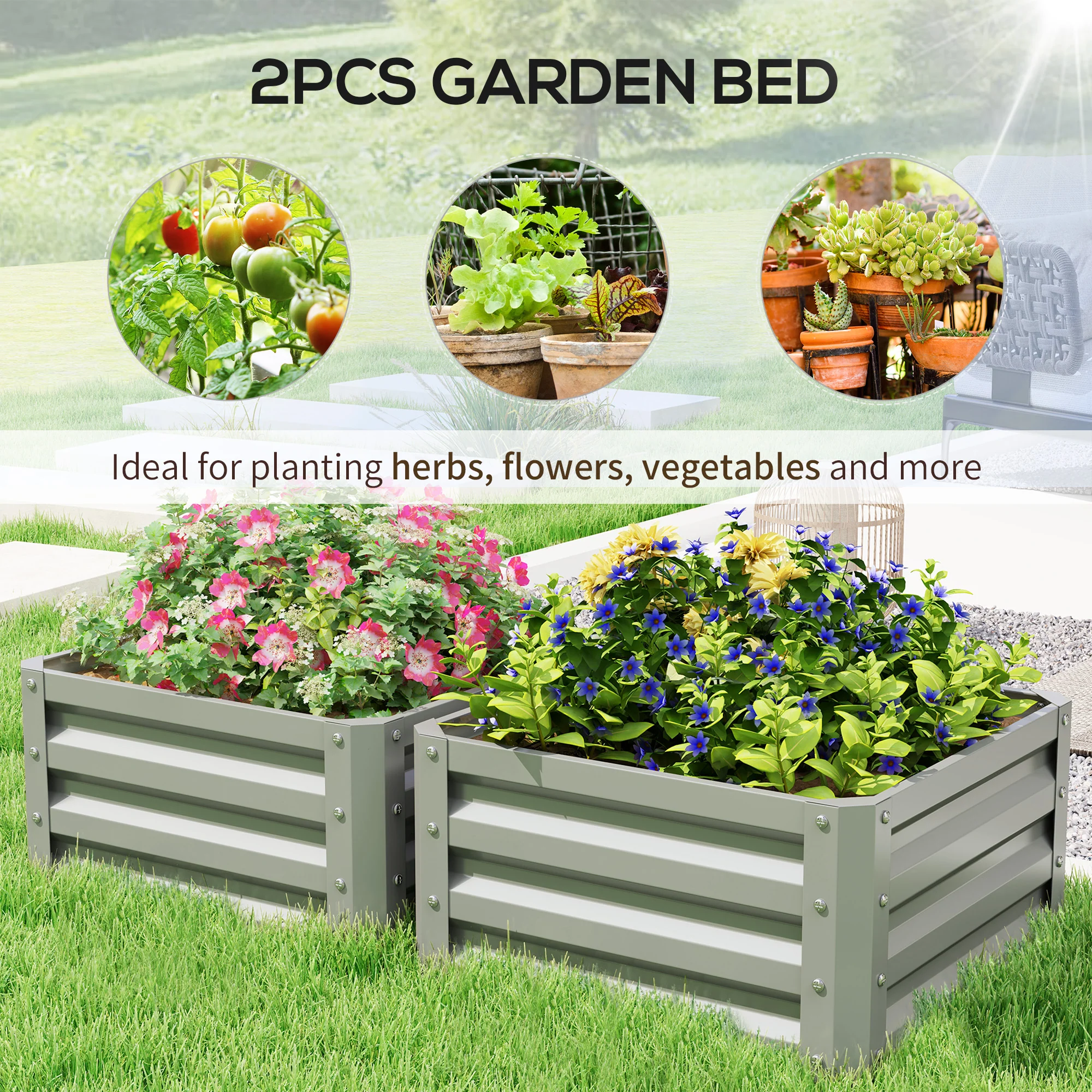 Outsunny Set Of 2 Raised Garden Bed Galvanised Planter Box, Light Grey - Image 3