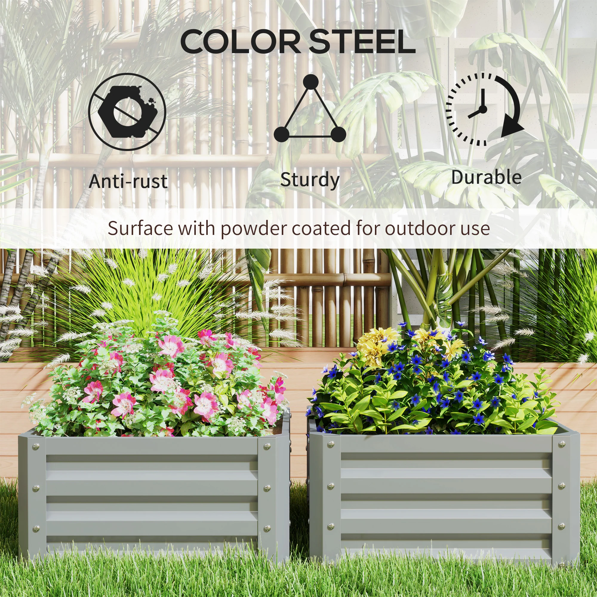 Outsunny Set Of 2 Raised Garden Bed Galvanised Planter Box, Light Grey - Image 6