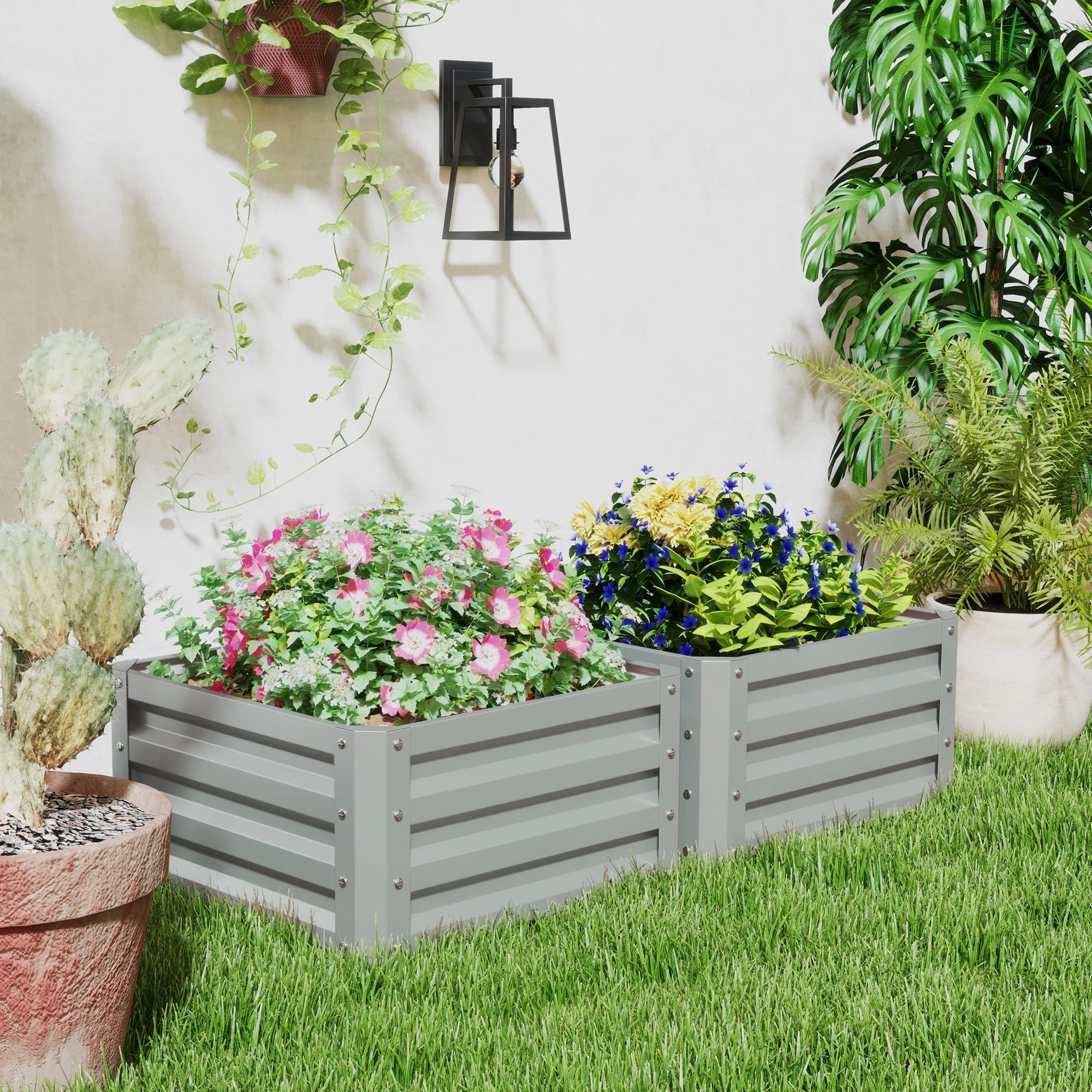 Outsunny Set Of 2 Raised Garden Bed Galvanised Planter Box, Light Grey - Image 7