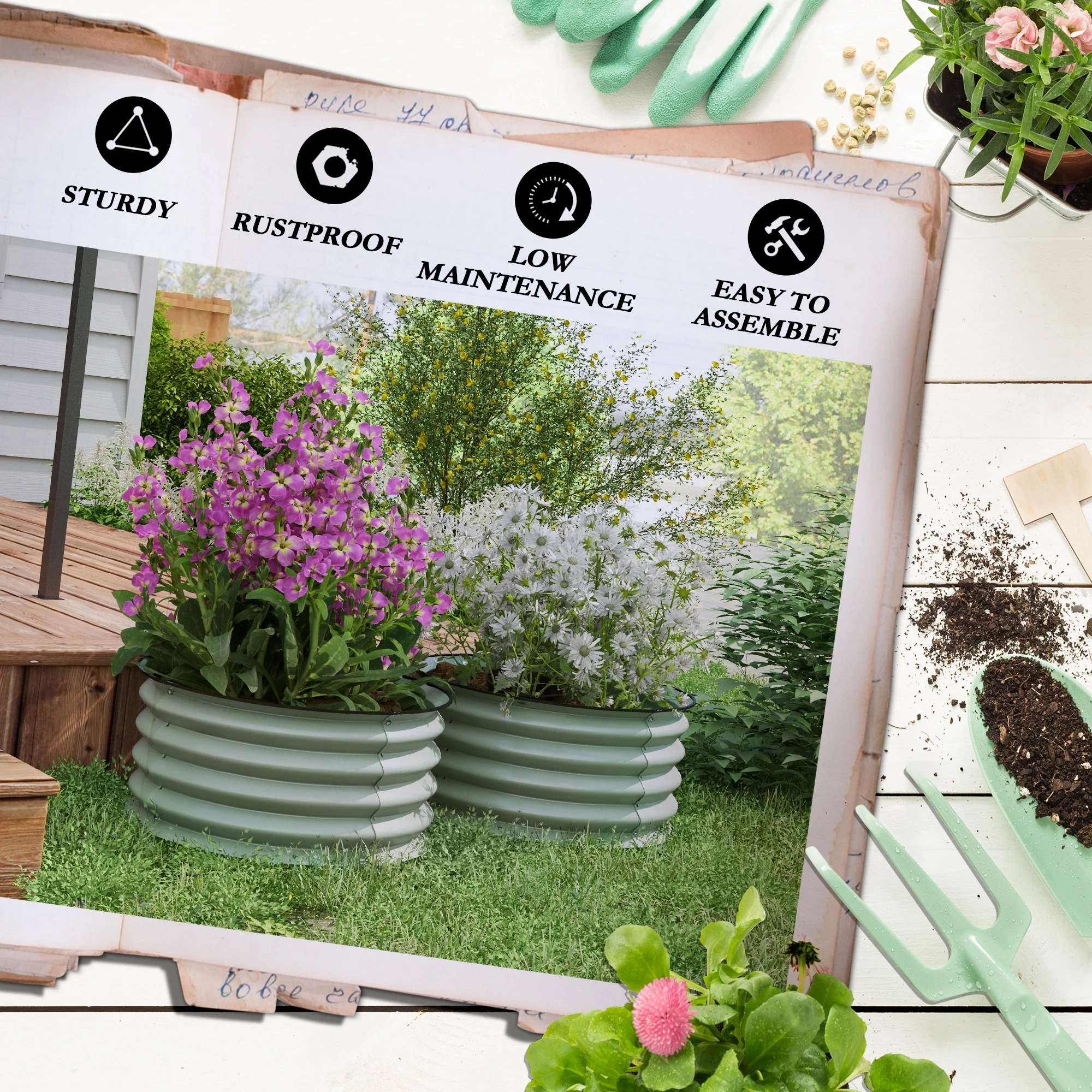 Outsunny Set Of 2 Raised Garden Bed Metal Planter Box With Safety Edging, Green - Image 7