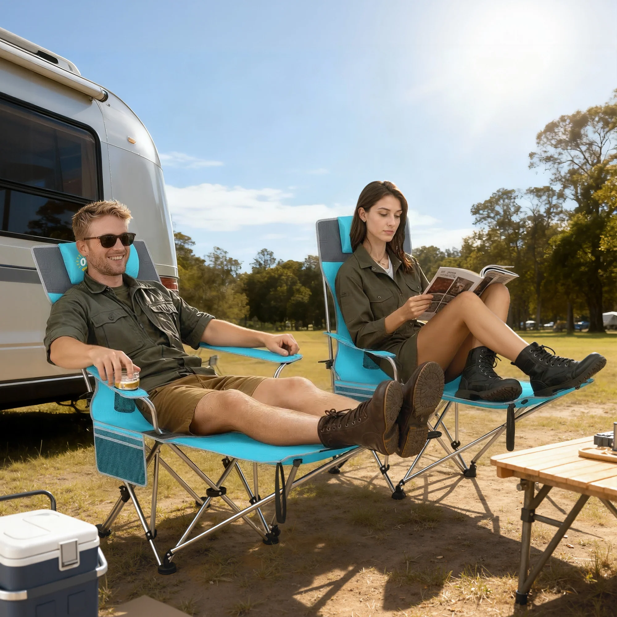 Outsunny Set of 2 Reclining Camping Chairs, Blue and Grey - Image 2