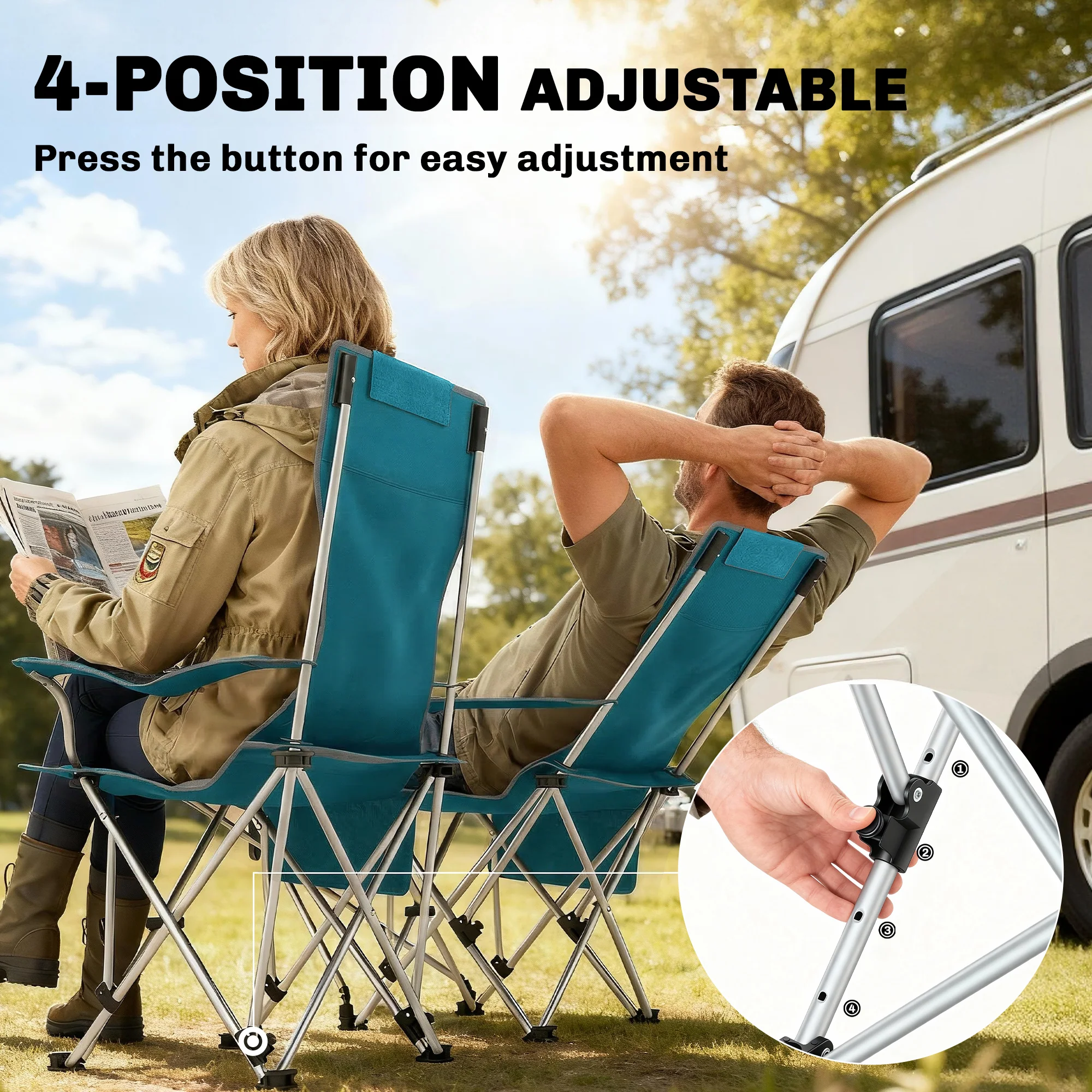 Outsunny Set of 2 Reclining Camping Chairs, Blue and Grey - Image 3