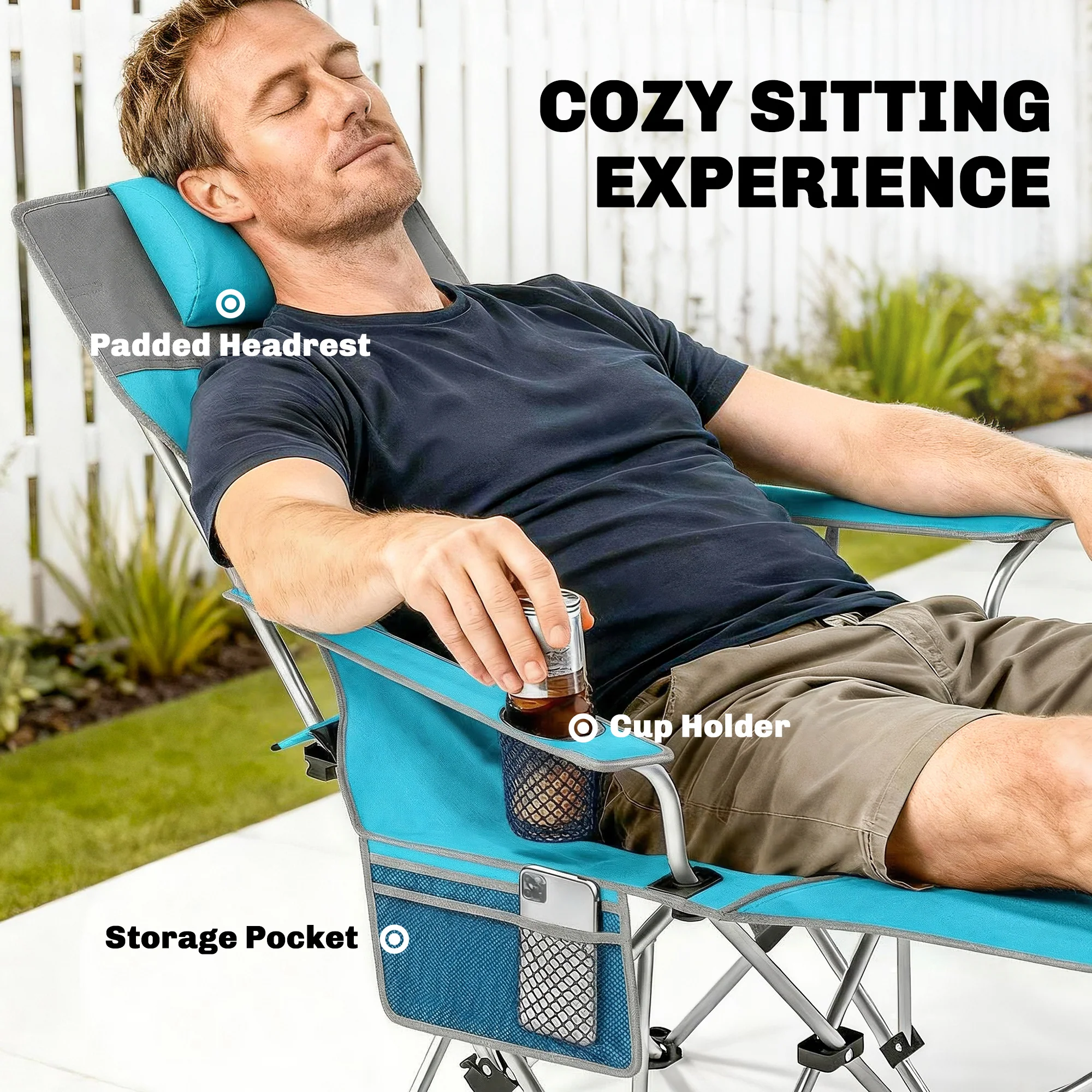 Outsunny Set of 2 Reclining Camping Chairs, Blue and Grey - Image 4