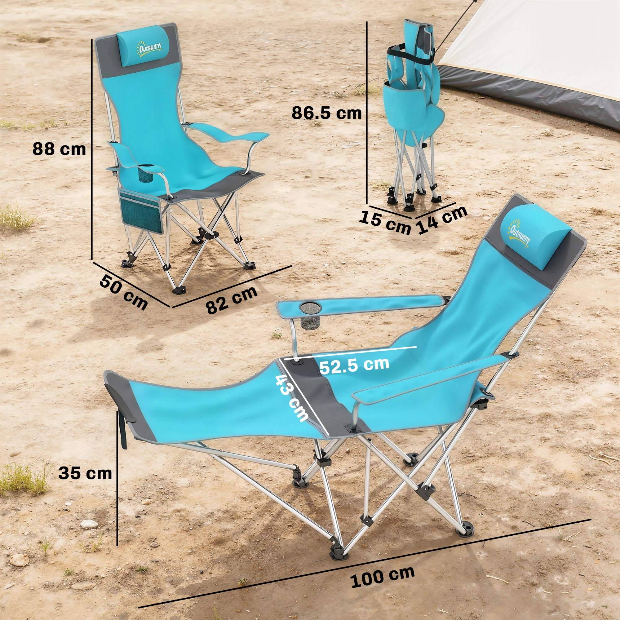 Outsunny Set of 2 Reclining Camping Chairs, Blue and Grey - Image 5