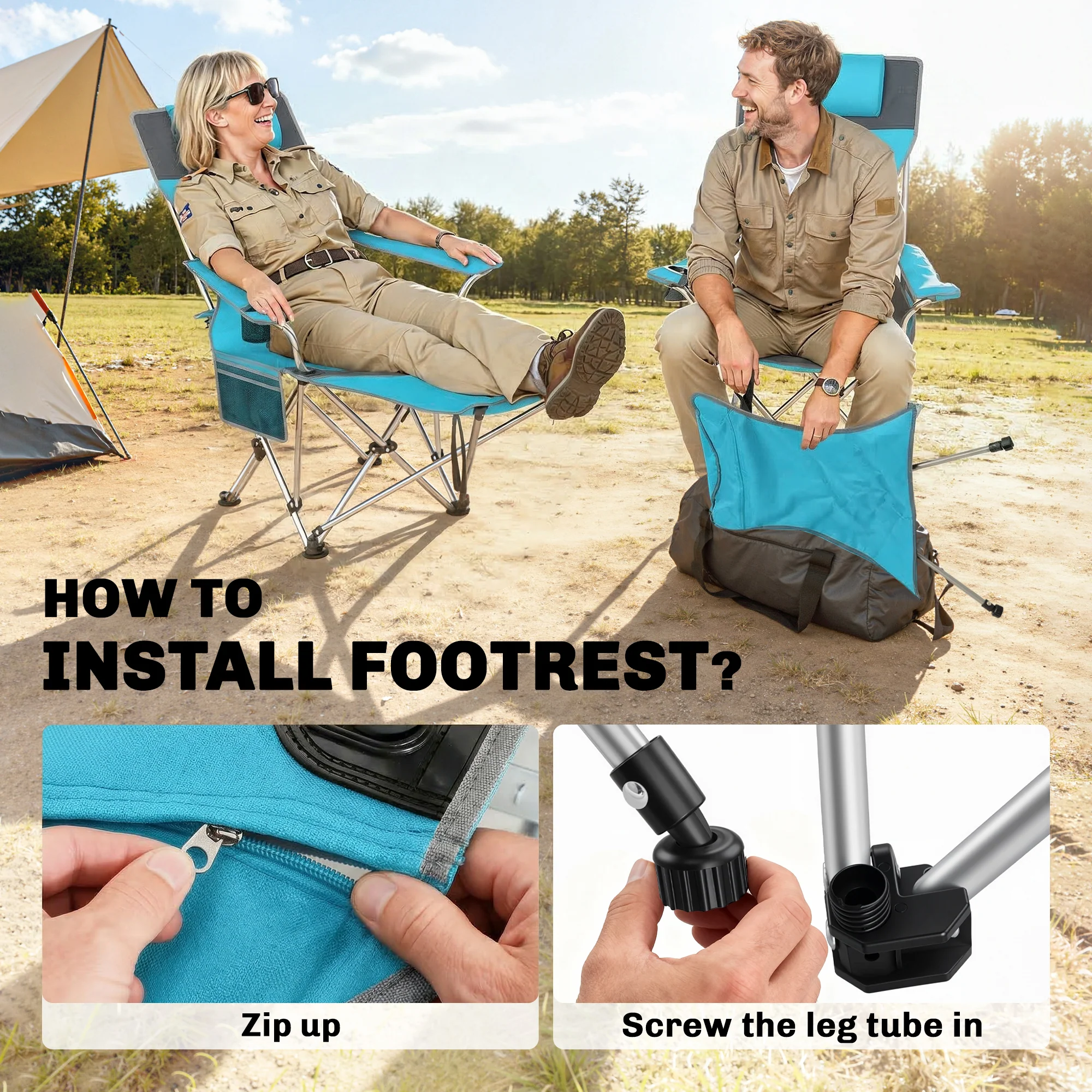 Outsunny Set of 2 Reclining Camping Chairs, Blue and Grey - Image 7