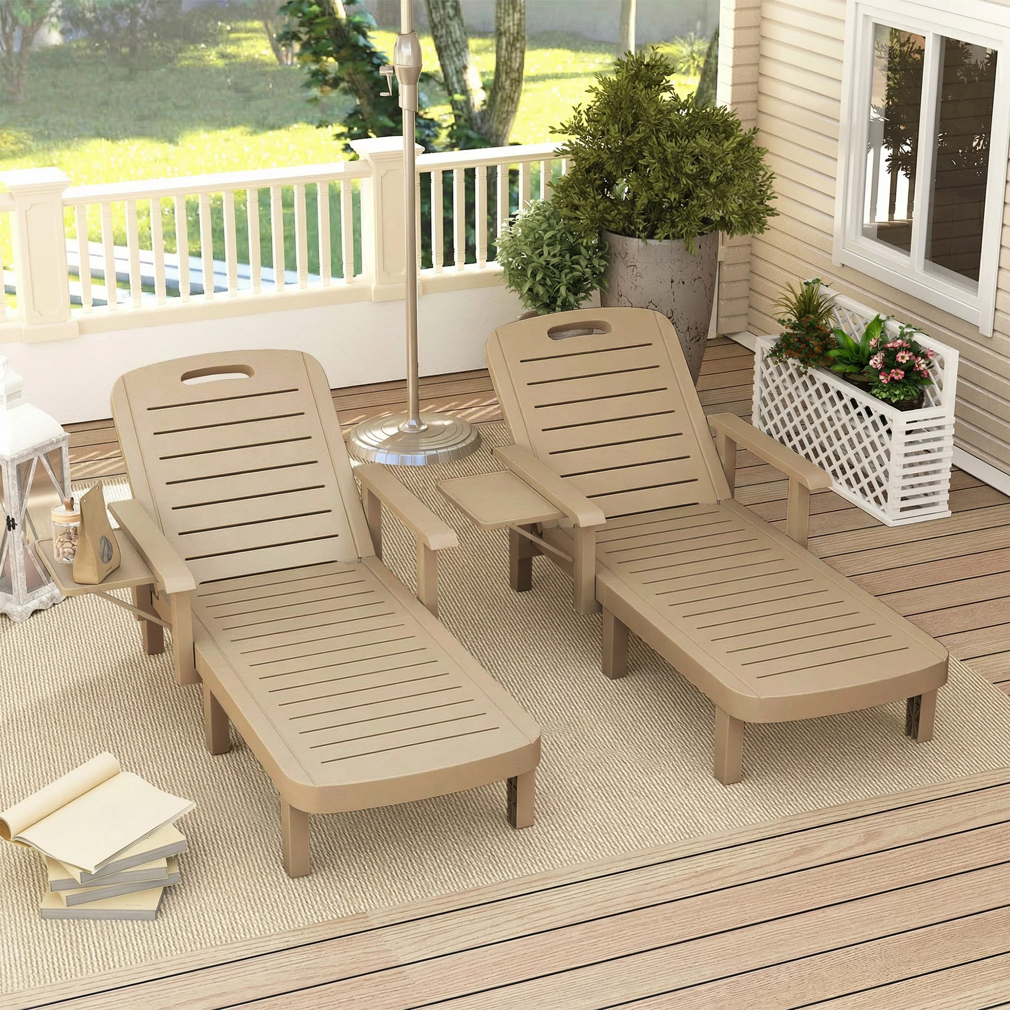 Outsunny Set of 2 Resin Reclining Sun Loungers for Garden, Khaki - Image 2