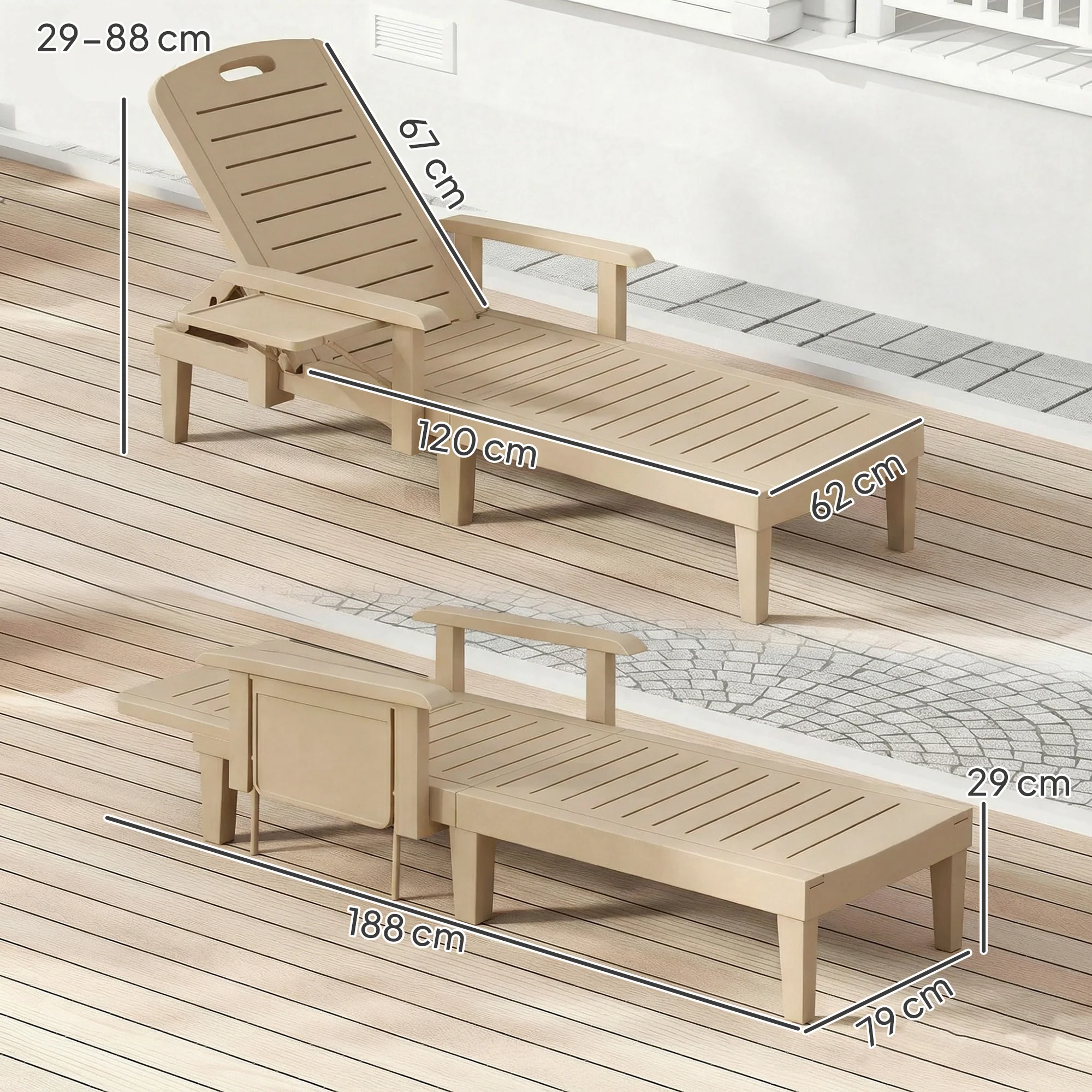 Outsunny Set of 2 Resin Reclining Sun Loungers for Garden, Khaki - Image 3