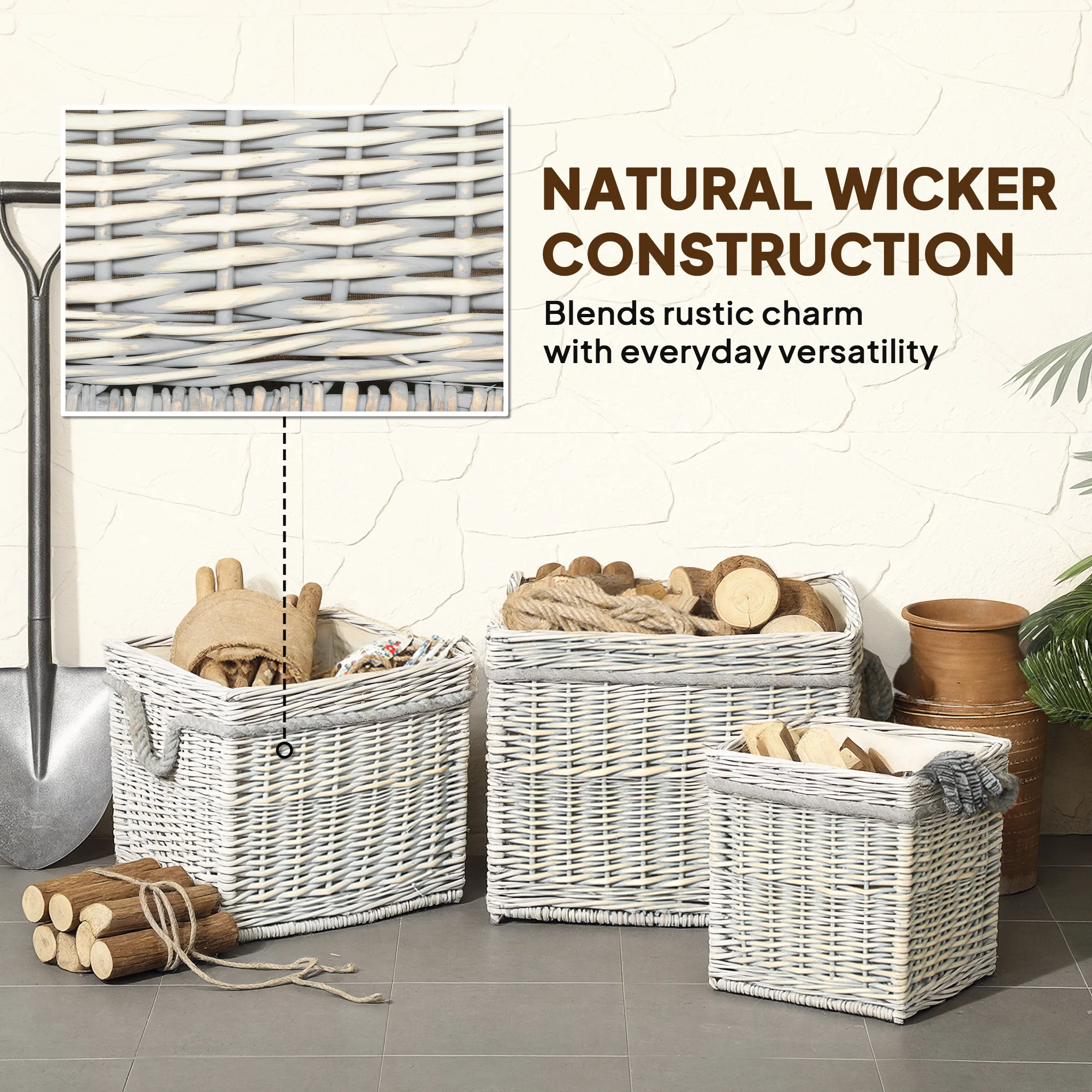 Outsunny Set Of 3 Wicker Log Basket With Liner And Rope Handles, Beige - Image 3