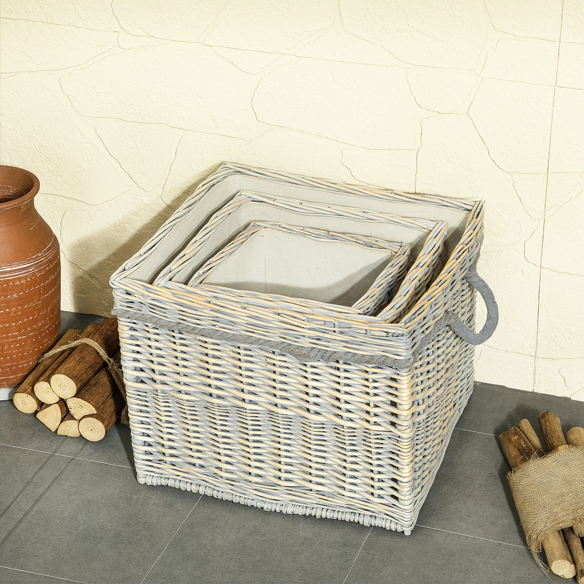 Outsunny Set Of 3 Wicker Log Basket With Liner And Rope Handles, Beige - Image 8