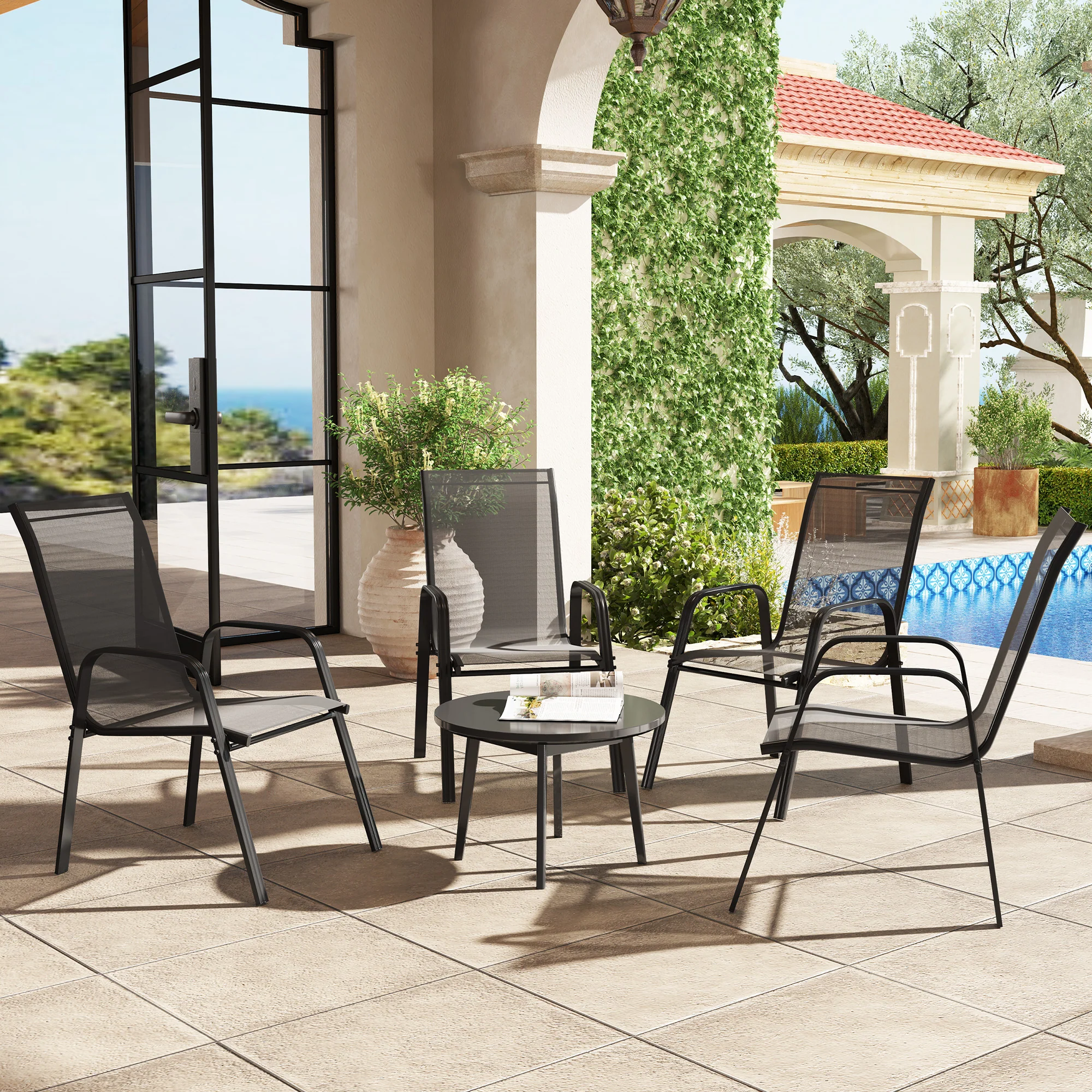 Outsunny Set of 4 Garden Dining Chair Set Outdoor w/ High Back Armrest Black - Image 2