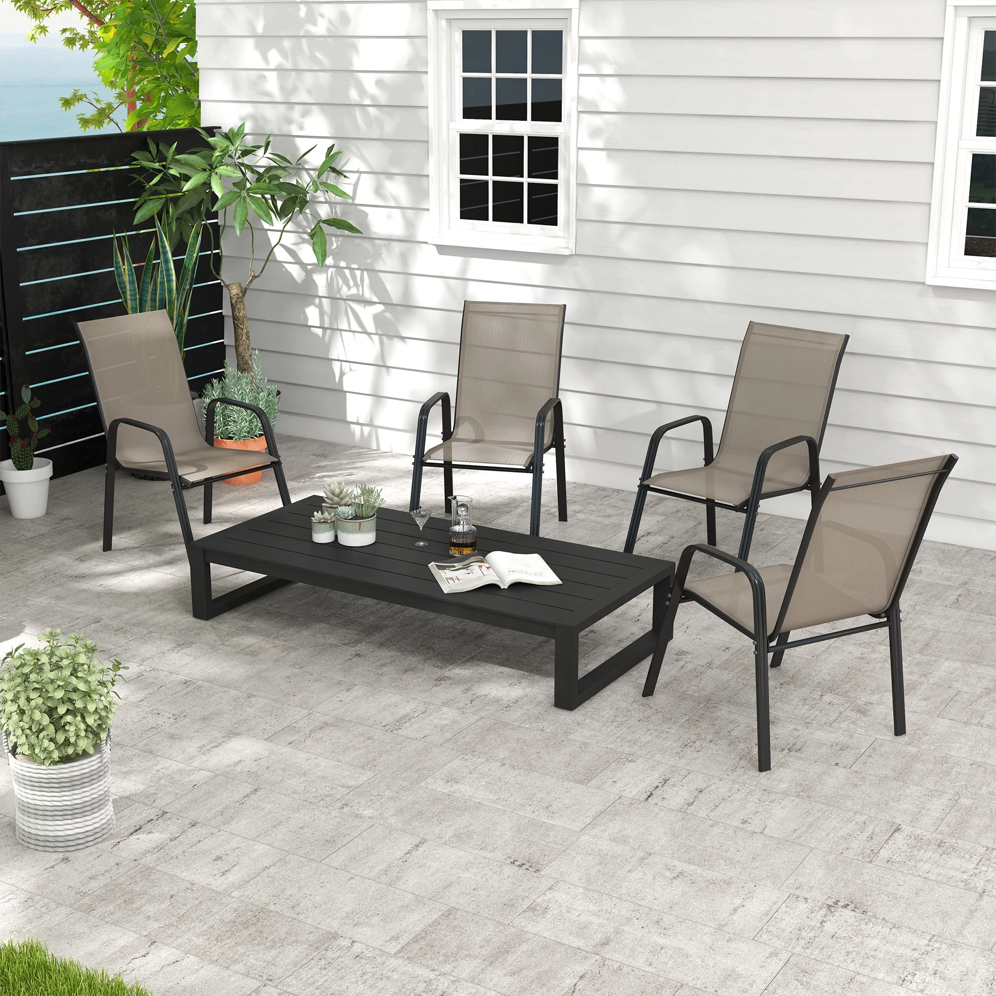 Outsunny Set of 4 Garden Dining Chair Set Outdoor w/ High Back Armrest Grey - Image 2