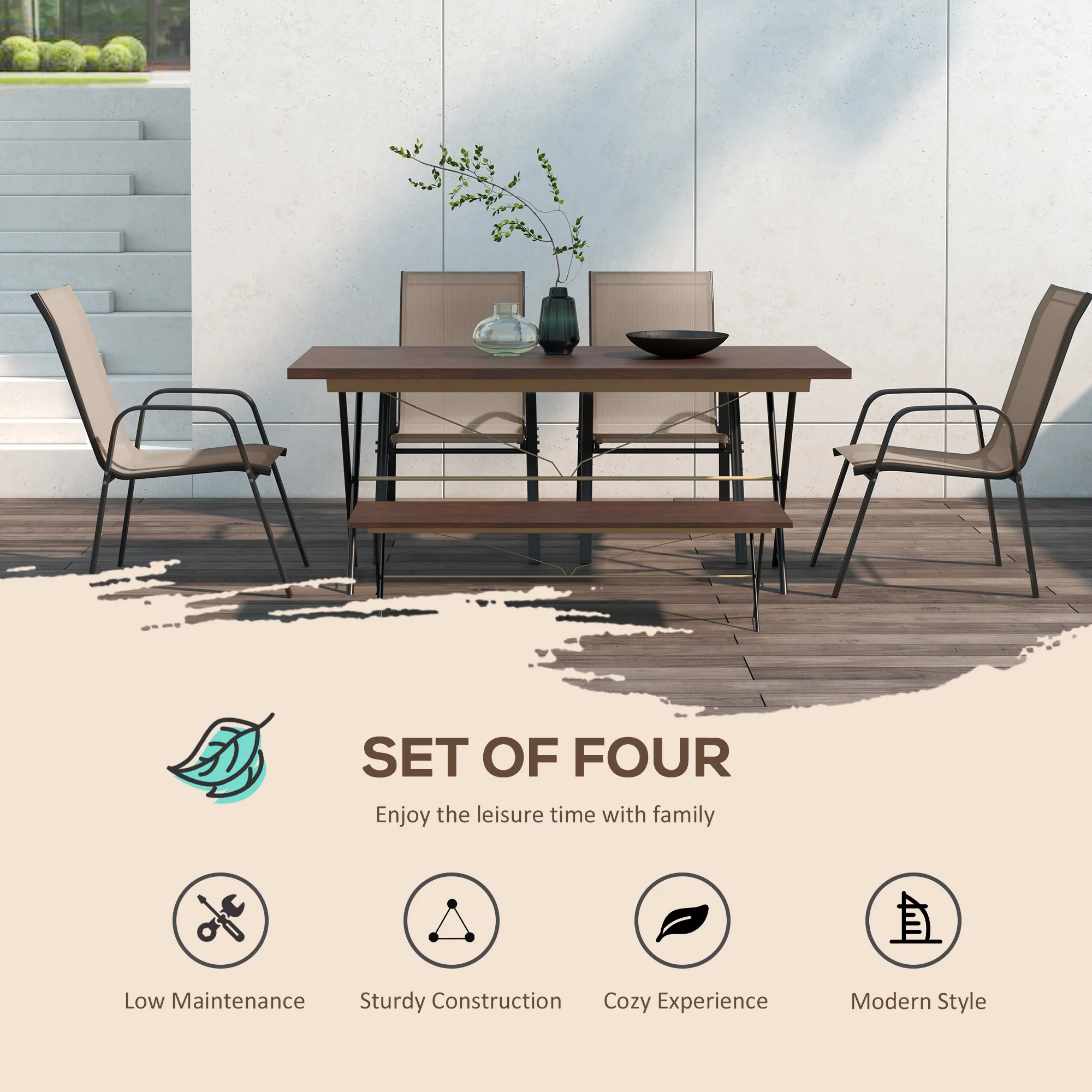 Outsunny Set of 4 Garden Dining Chair Set Outdoor w/ High Back Armrest Grey - Image 3